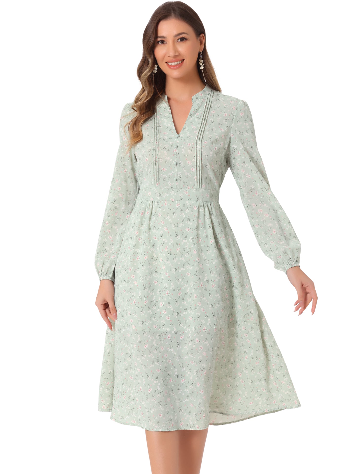 Women's Floral Print V Neck Long Sleeve High Waist Pleated Front Spring Flowy Midi Boho Dress