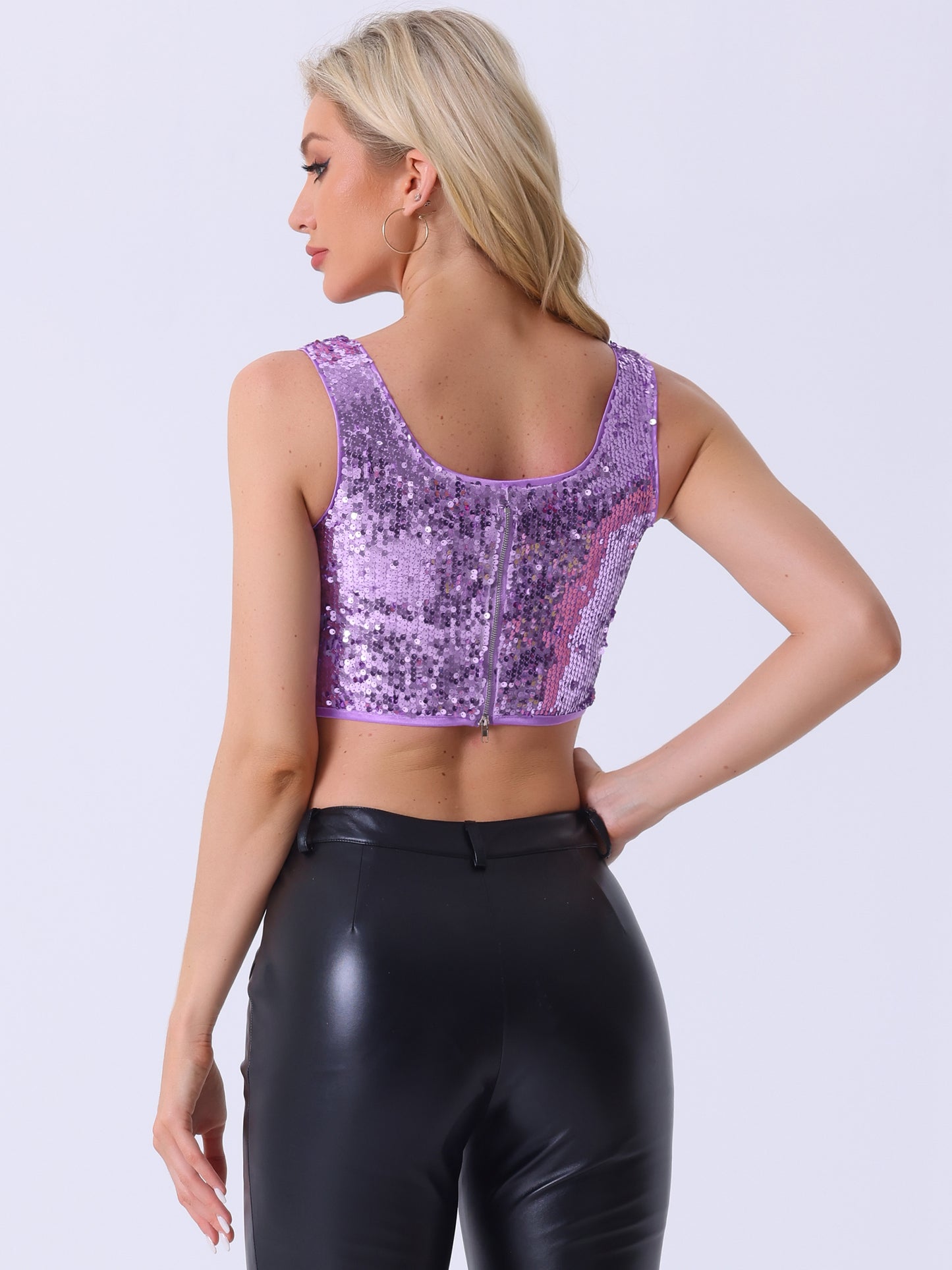 Women's Metallic Sequin Crop Top Sparkle Glitter Sleeveless Party Club Tank Top