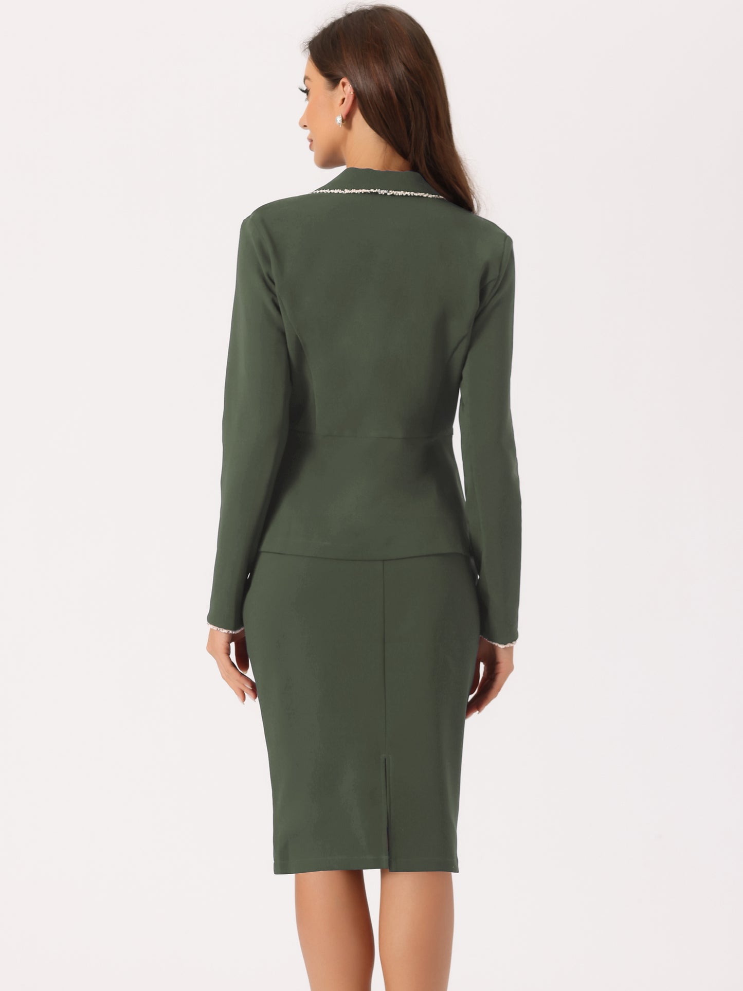 Women's 2 Piece Suit Skirt Set Tweed Trim Blazer Knee Length Pencil Skirt Business Office Wear