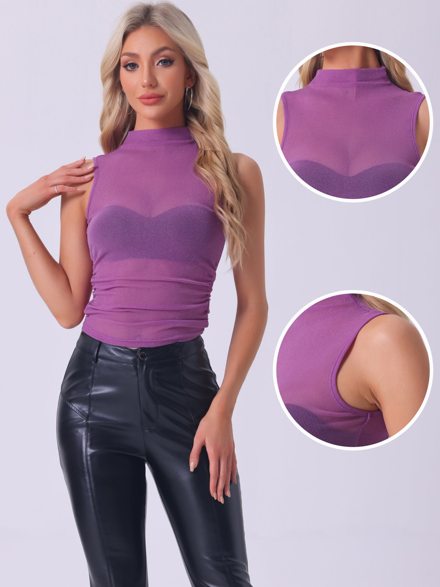 Women's Glam Sleeveless Mesh Top Summer Mock Neck Ruched Semi Sheer Tank Top