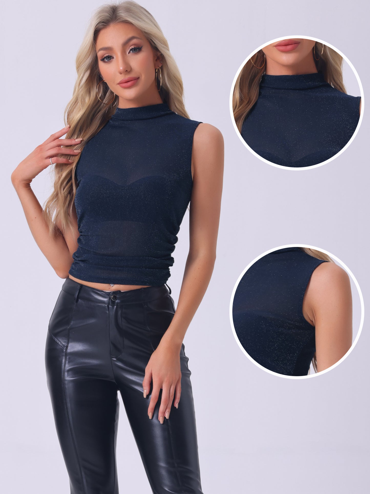 Women's Glam Sleeveless Mesh Top Summer Mock Neck Ruched Semi Sheer Tank Top