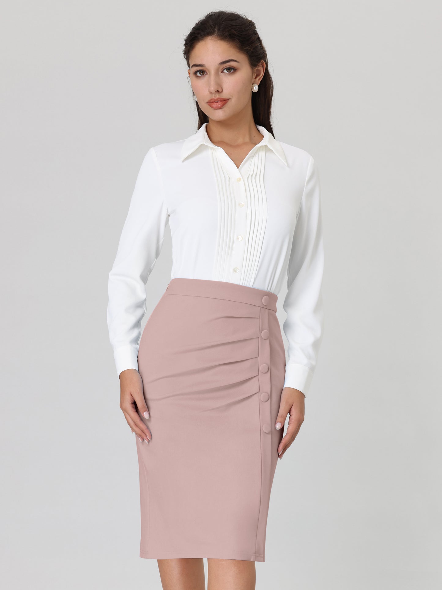 Women's Wear to Work Pencil Skirt Elastic High Waist Ruched Bodycon Midi Skirts