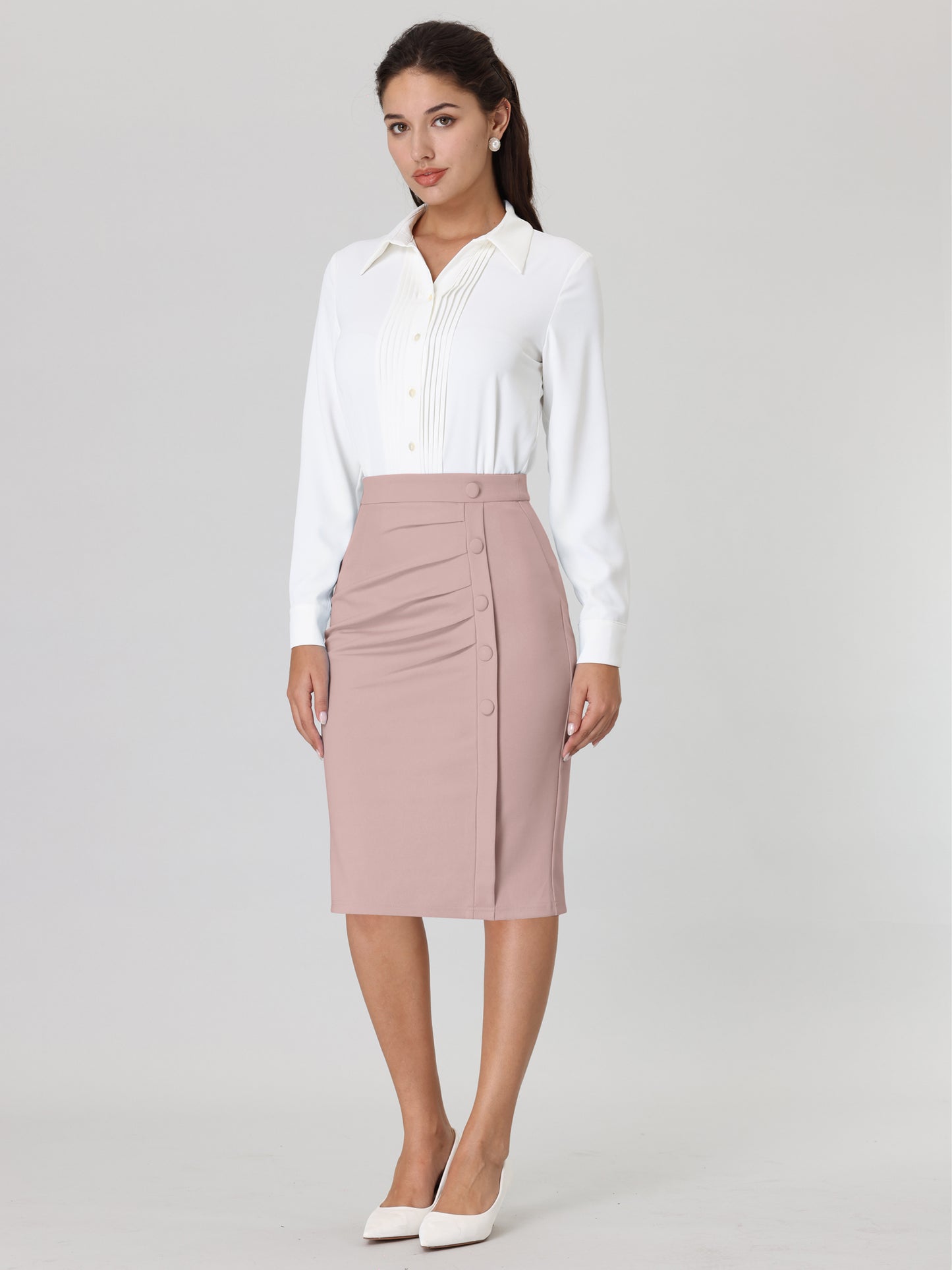 Women's Wear to Work Pencil Skirt Elastic High Waist Ruched Bodycon Midi Skirts