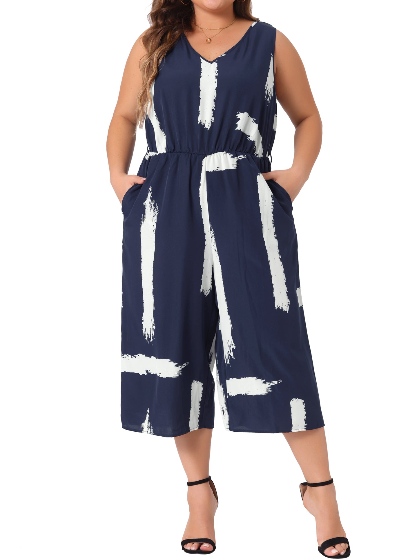 Women Plus Size Jumpsuit Wrap V Neck Sleeveless Tie Waist Jumpsuit Rompers with Pockets