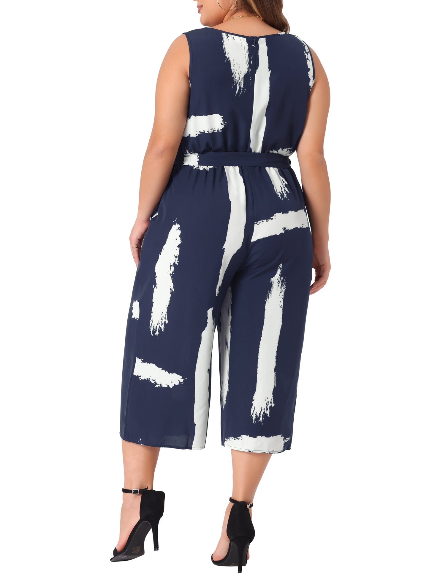 Women Plus Size Jumpsuit Wrap V Neck Sleeveless Tie Waist Jumpsuit Rompers with Pockets