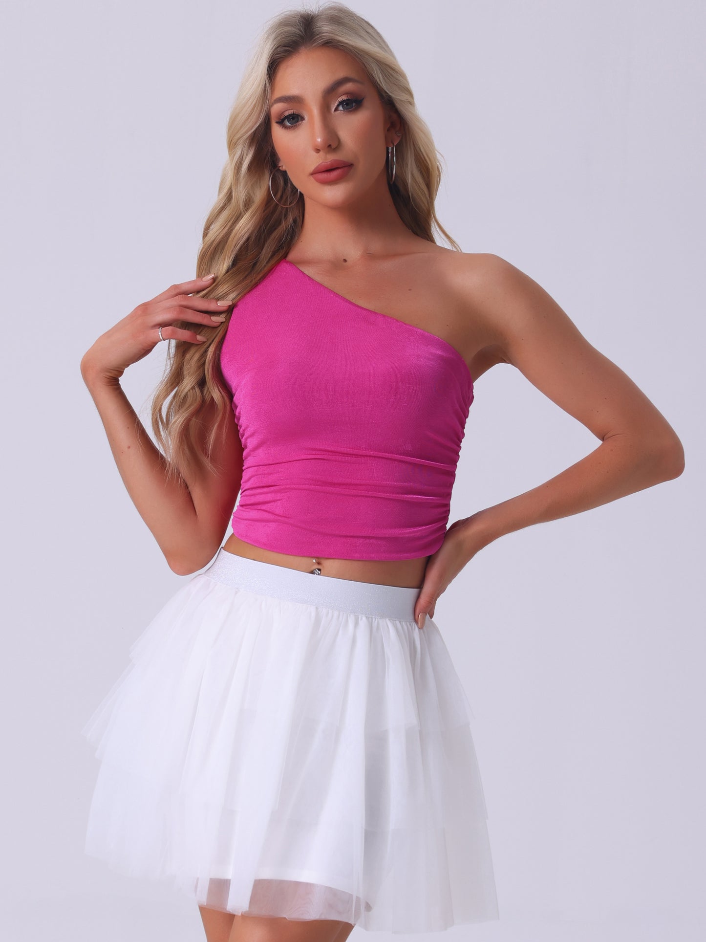 Women's Sleeveless Crop Tops Sexy One-Shoulder Ruched Tank Top