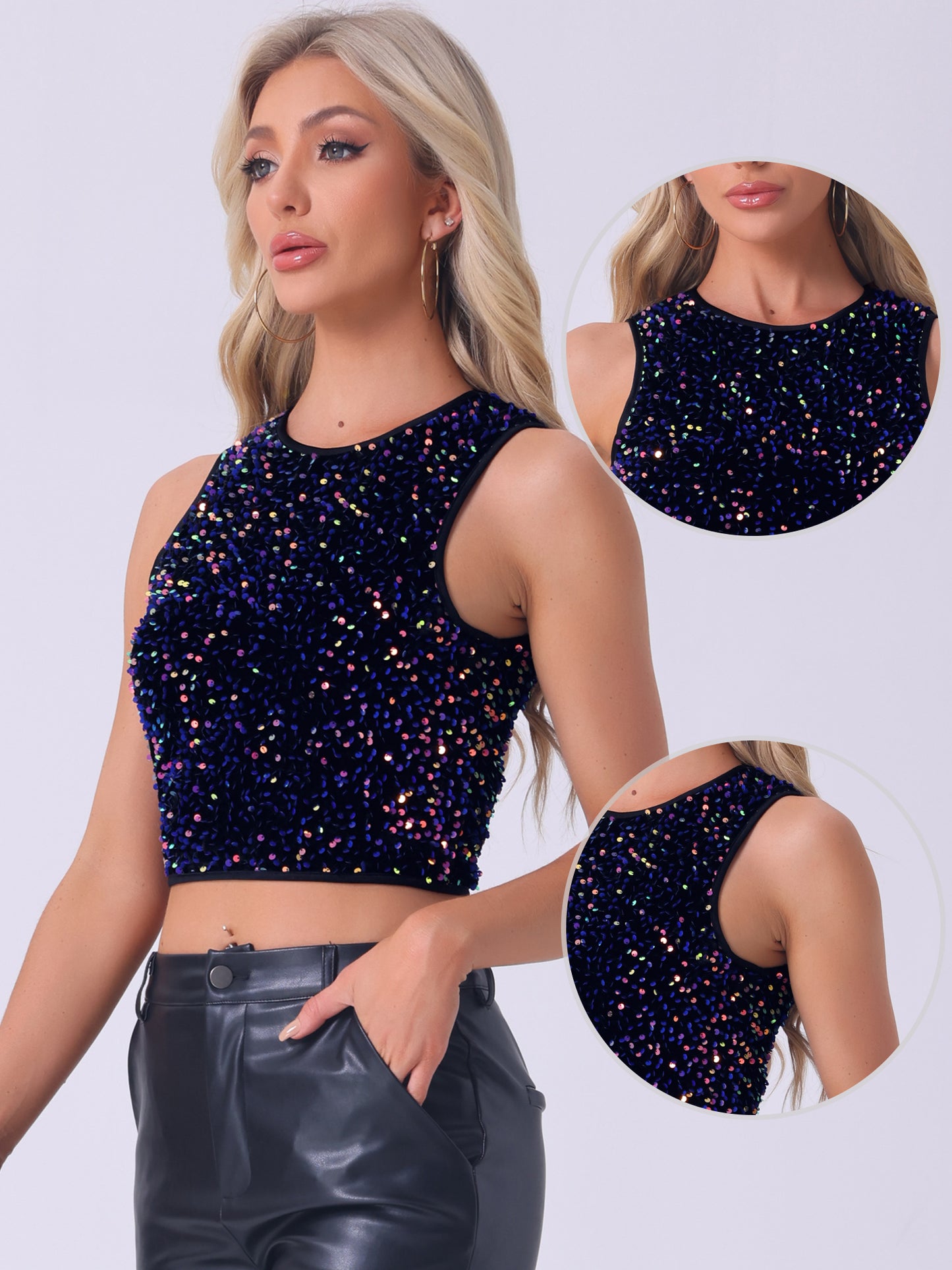 Women's Sparkle Glitter Sequin Top Crew Neck Sleeveless Club Party Nightout Crop Tank Top