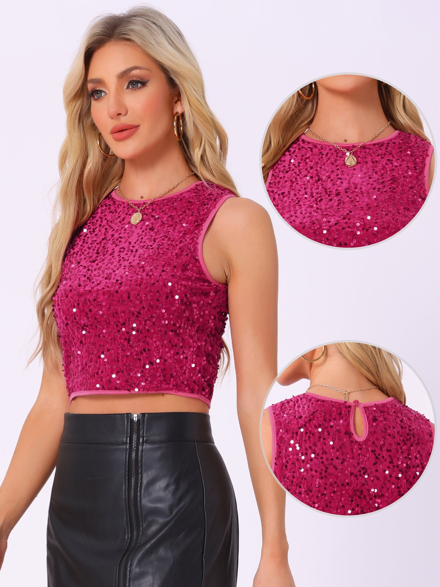 Women's Sparkle Glitter Sequin Top Crew Neck Sleeveless Club Party Nightout Crop Tank Top