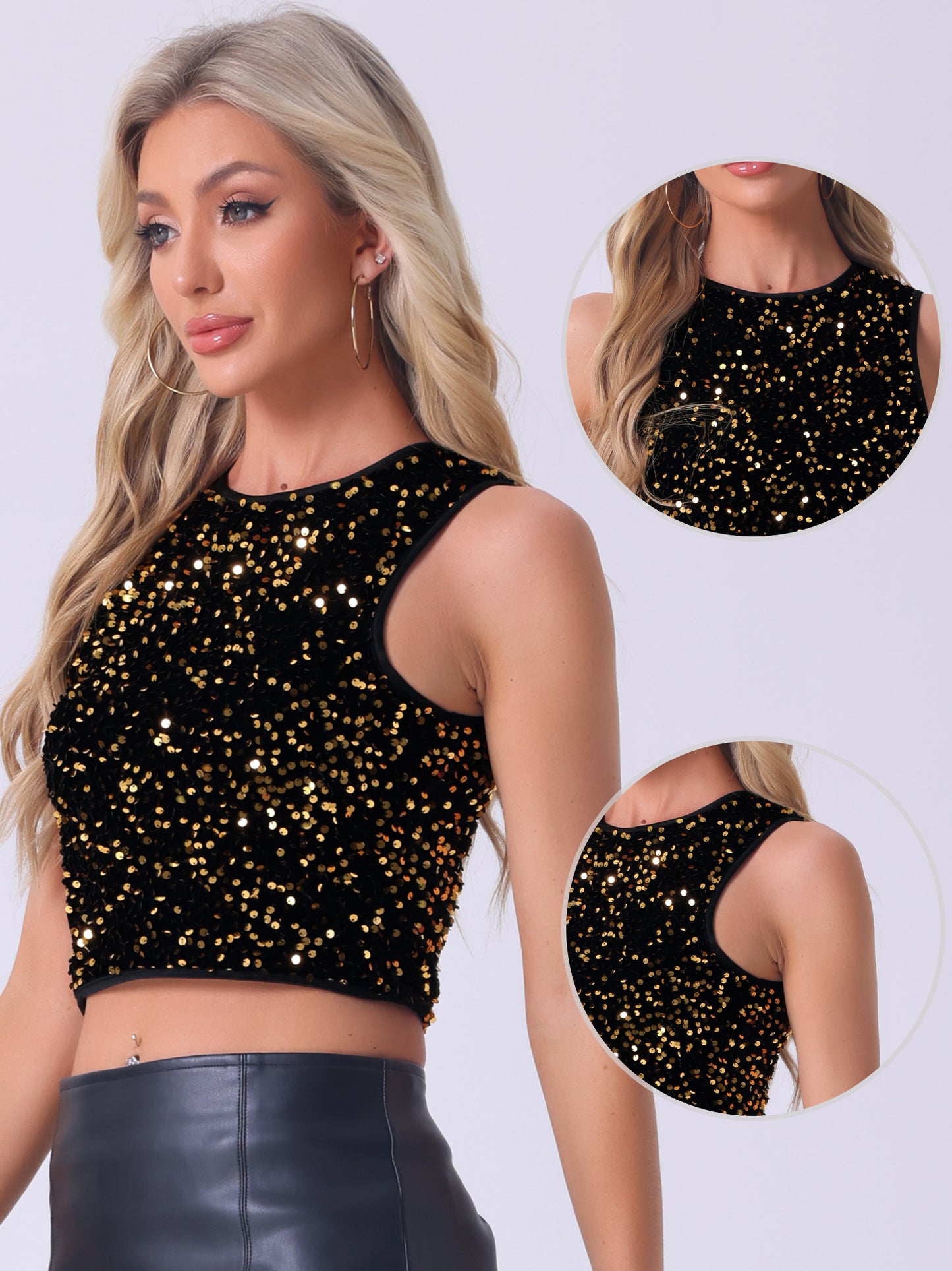 Women's Sparkle Glitter Sequin Top Crew Neck Sleeveless Club Party Nightout Crop Tank Top