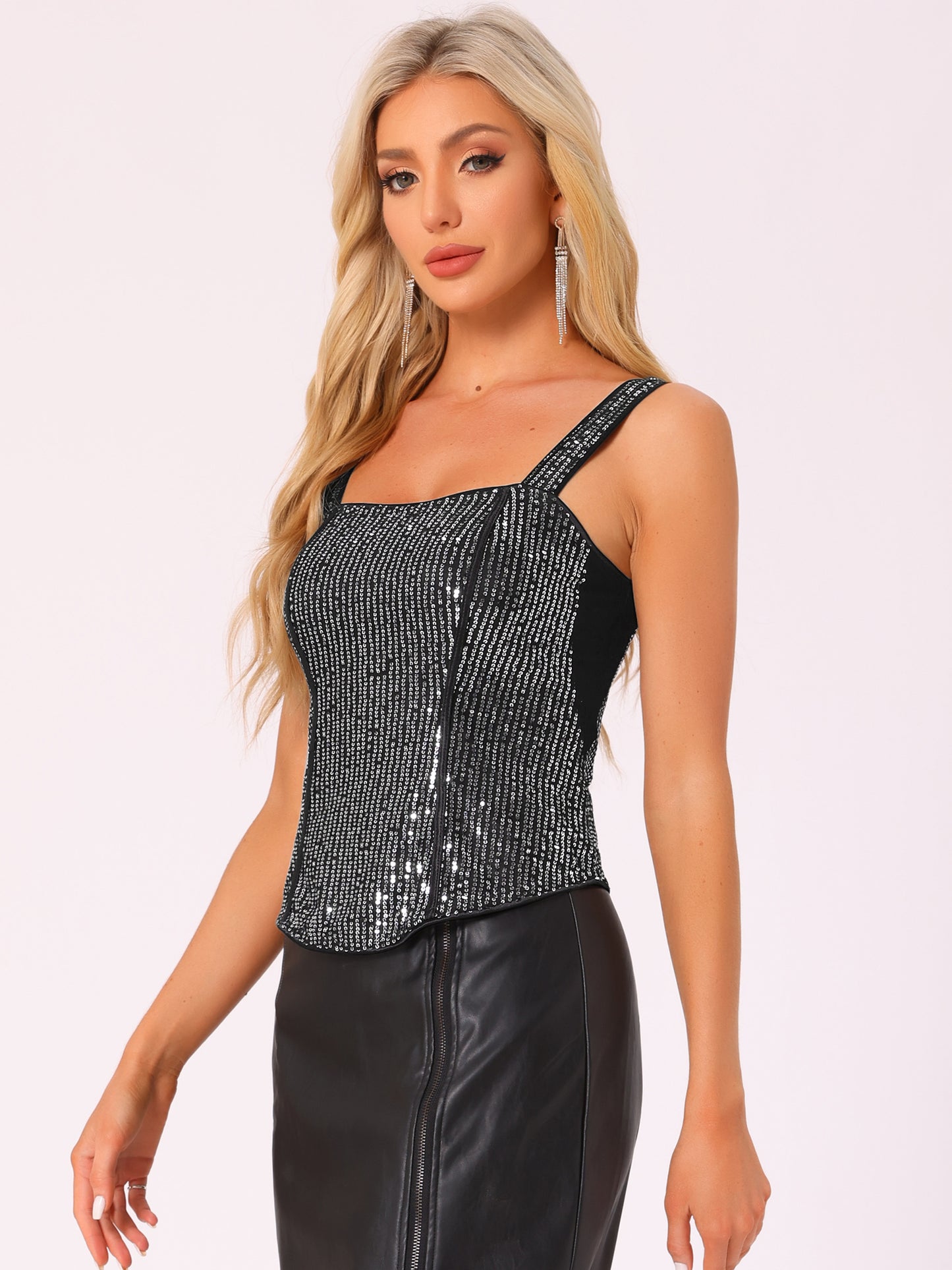 Women's Sequin Tank Tops Sparkly Glitter Sleeveless Camisole Corset Top