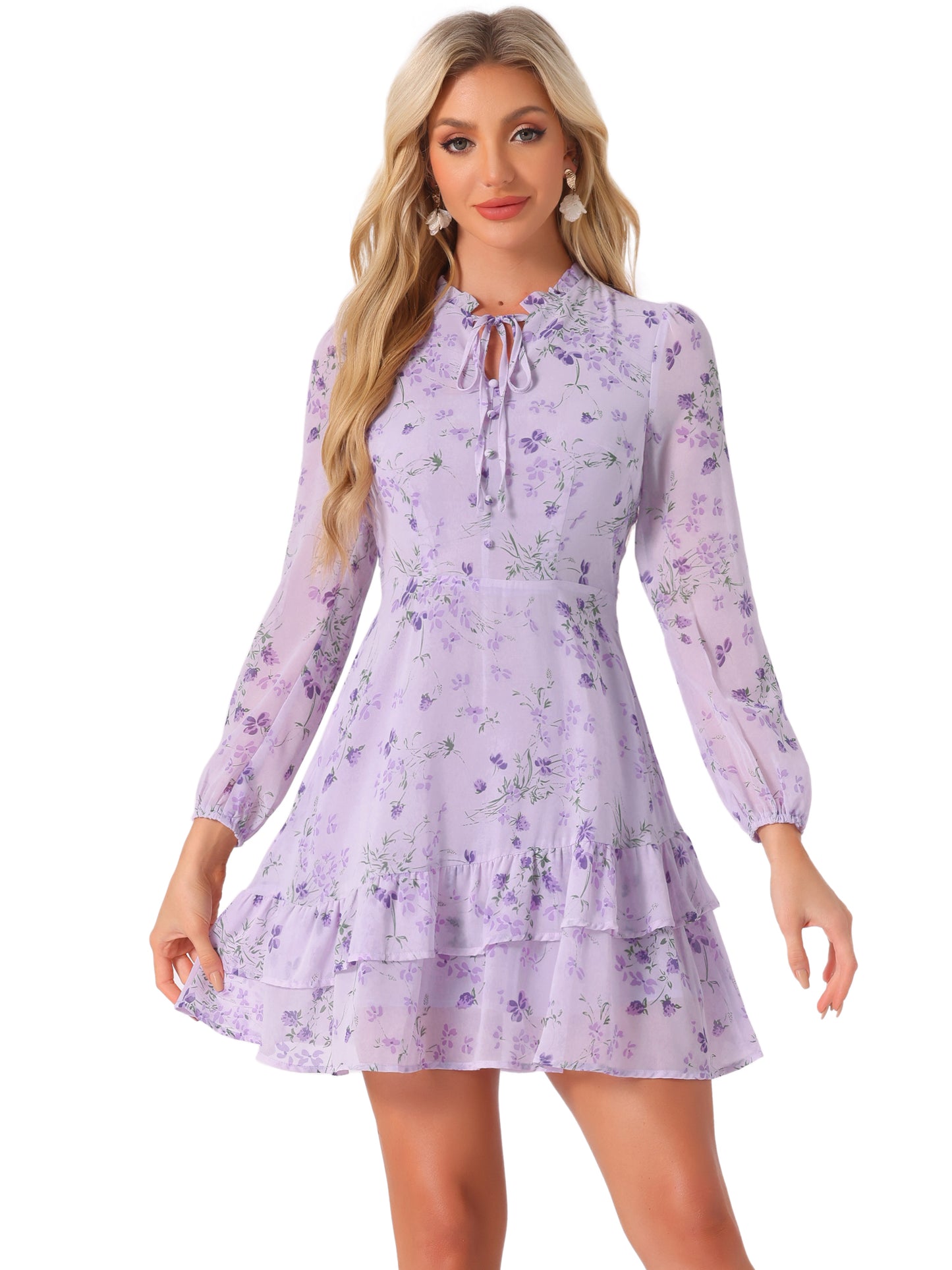 Women's Summer Dresses Floral Tie V Neck Semi Sheer Long Sleeve Layered Tiered Chiffon Mini Dress