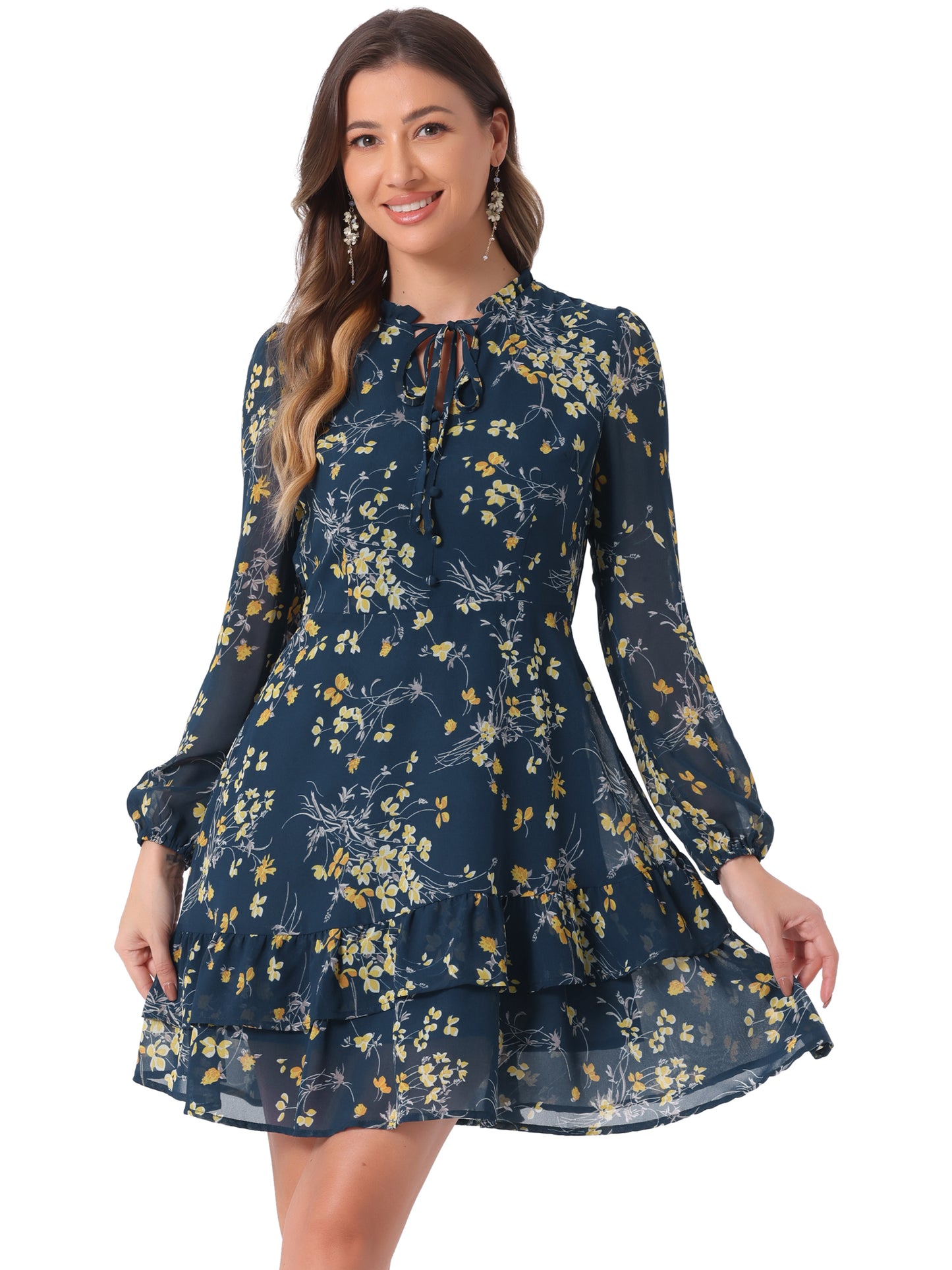 Women's Summer Dresses Floral Tie V Neck Semi Sheer Long Sleeve Layered Tiered Chiffon Mini Dress