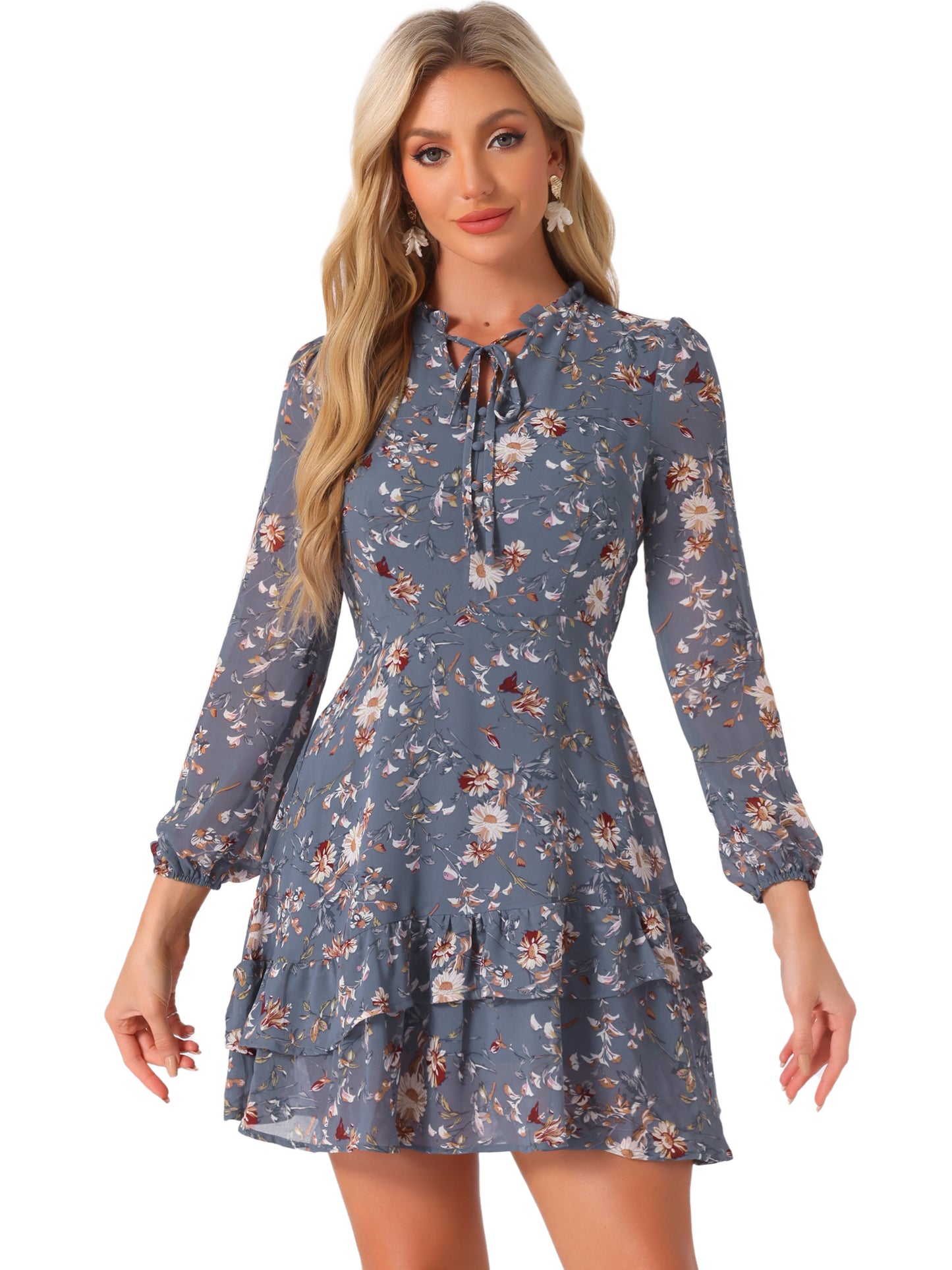 Women's Summer Dresses Floral Tie V Neck Semi Sheer Long Sleeve Layered Tiered Chiffon Mini Dress