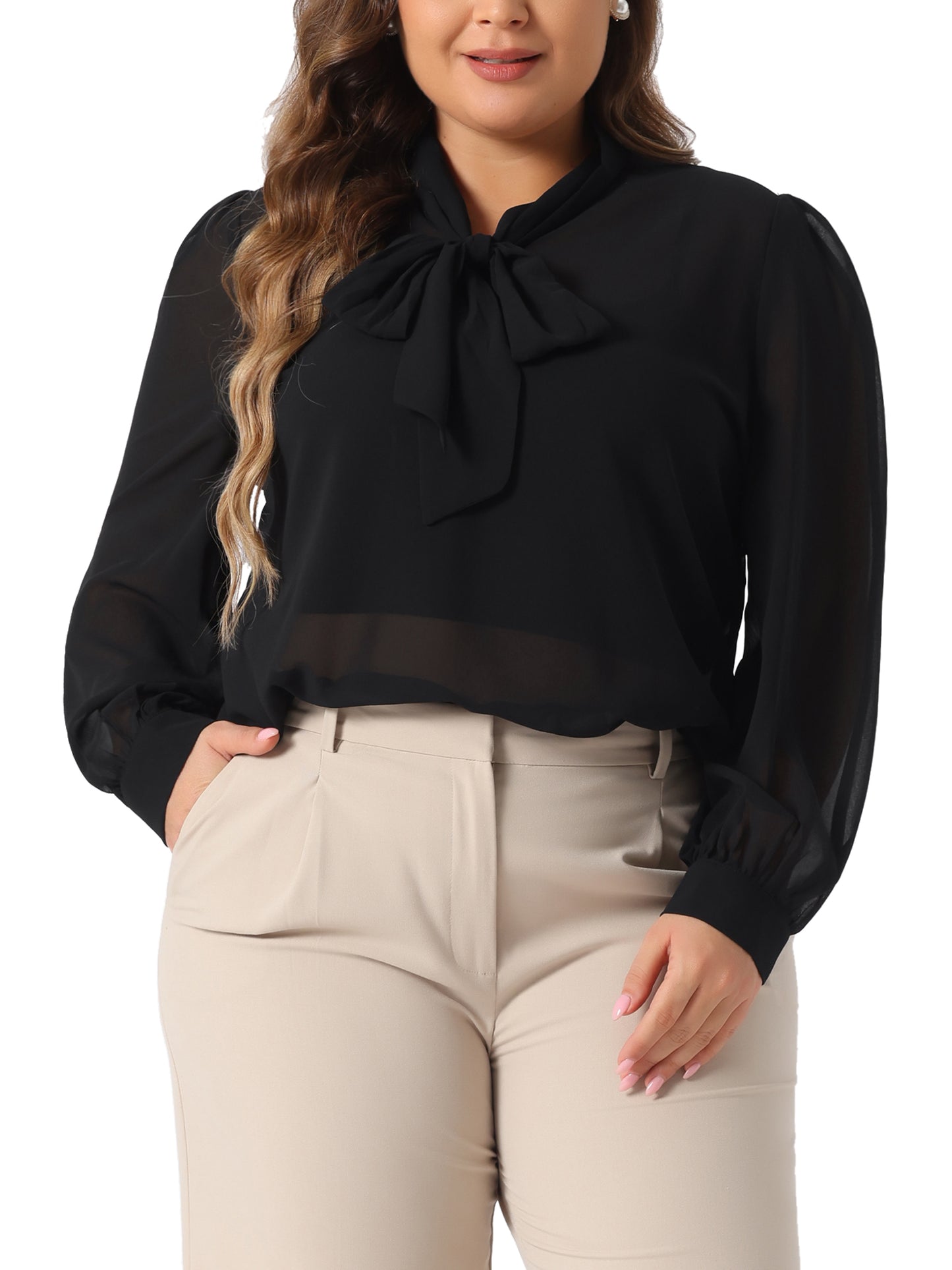 Women's Plus Size Sheer Chiffon Shirt Elegant Bow Tie Neck Long Sleeve Sexy See Through Mesh Blouse