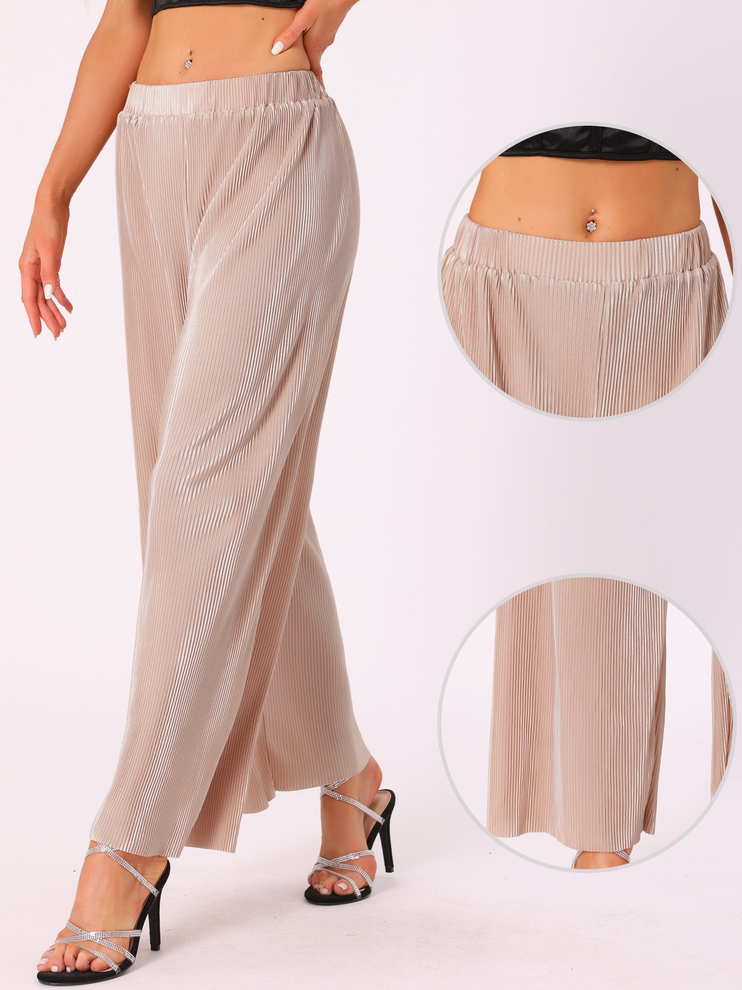 Pantalones anchos plisados elásticos de cintura alta y brillantes para mujer