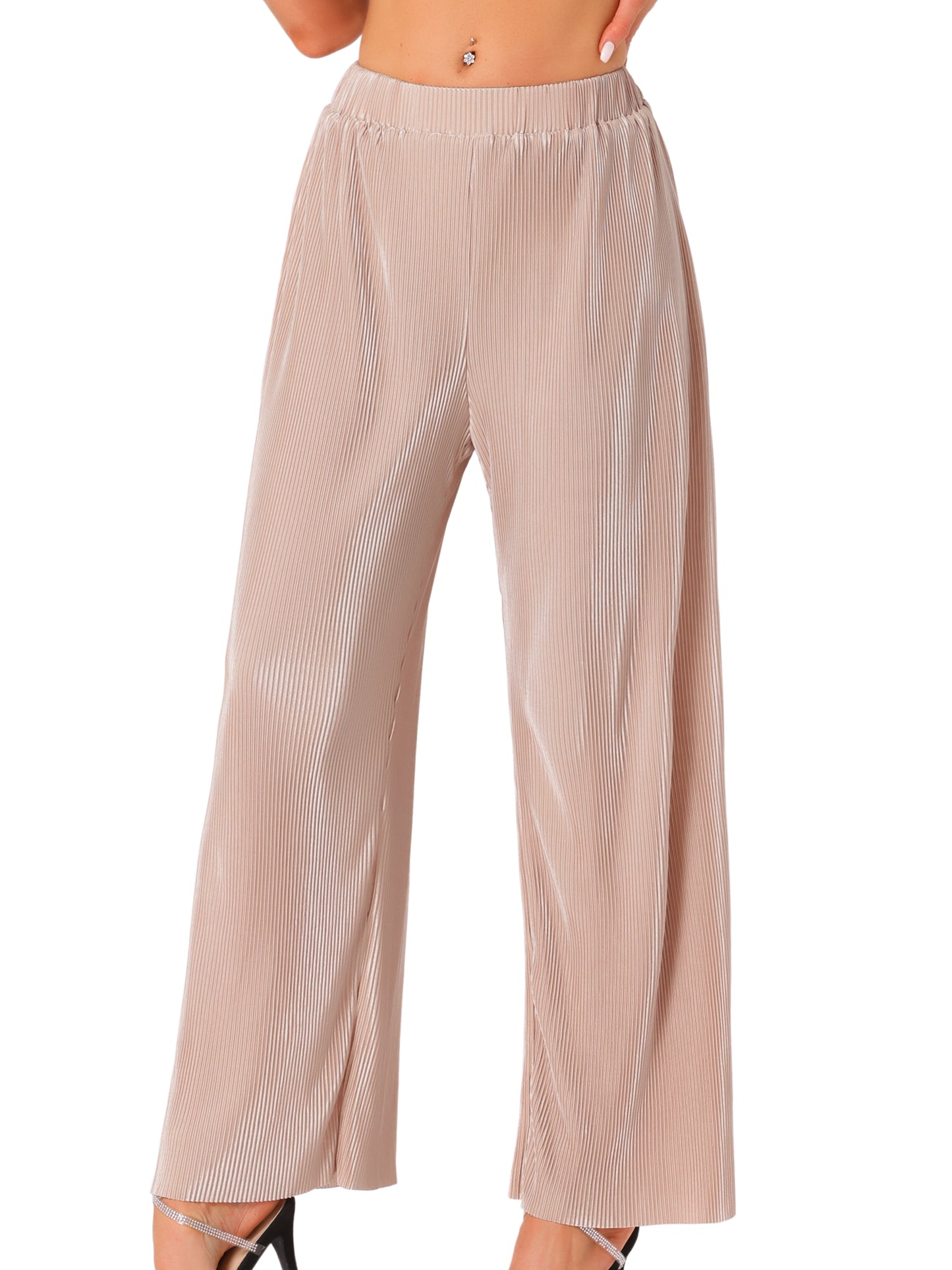 Pantalones anchos plisados elásticos de cintura alta y brillantes para mujer