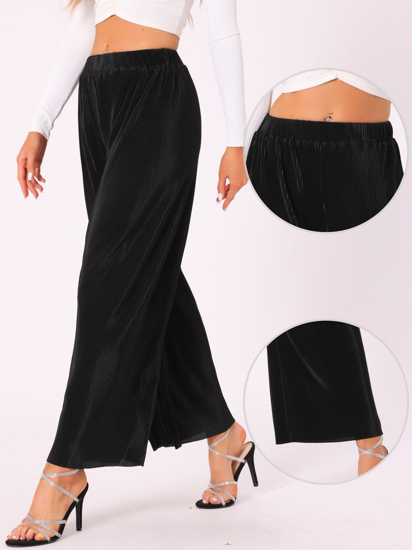 Pantalones anchos plisados elásticos de cintura alta y brillantes para mujer