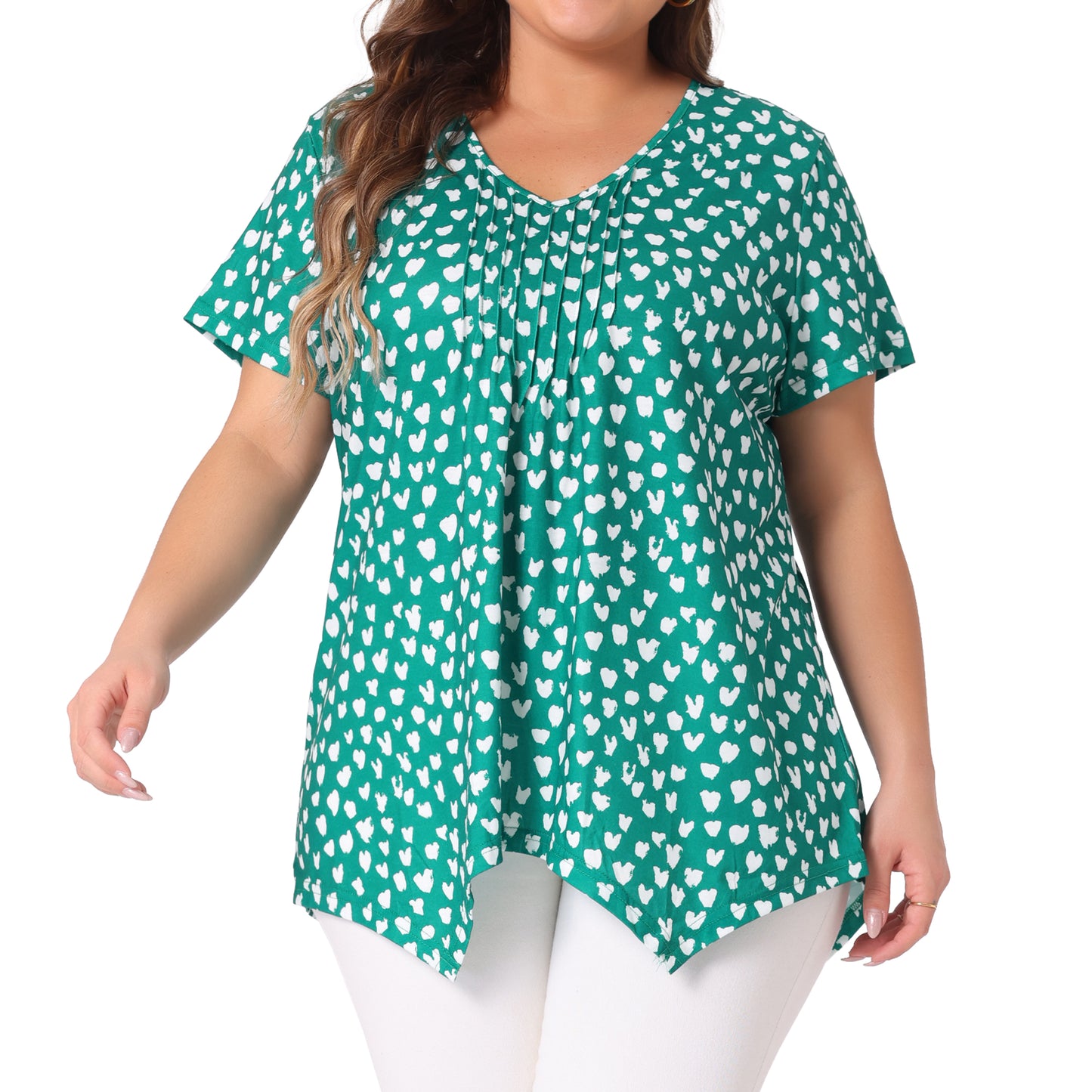 Women Plus Size Blouses Asymmetric V Neck Pintuck Short Sleeve Polka Dots Top