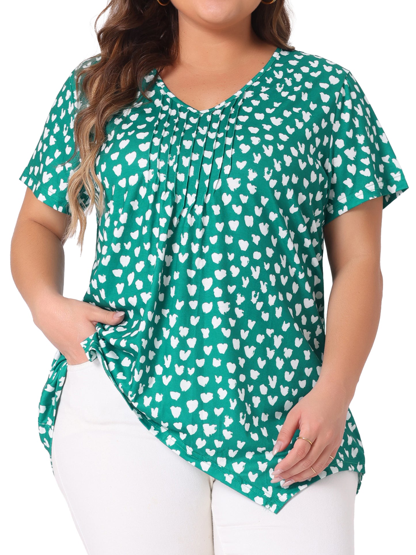Women Plus Size Blouses Asymmetric V Neck Pintuck Short Sleeve Polka Dots Top