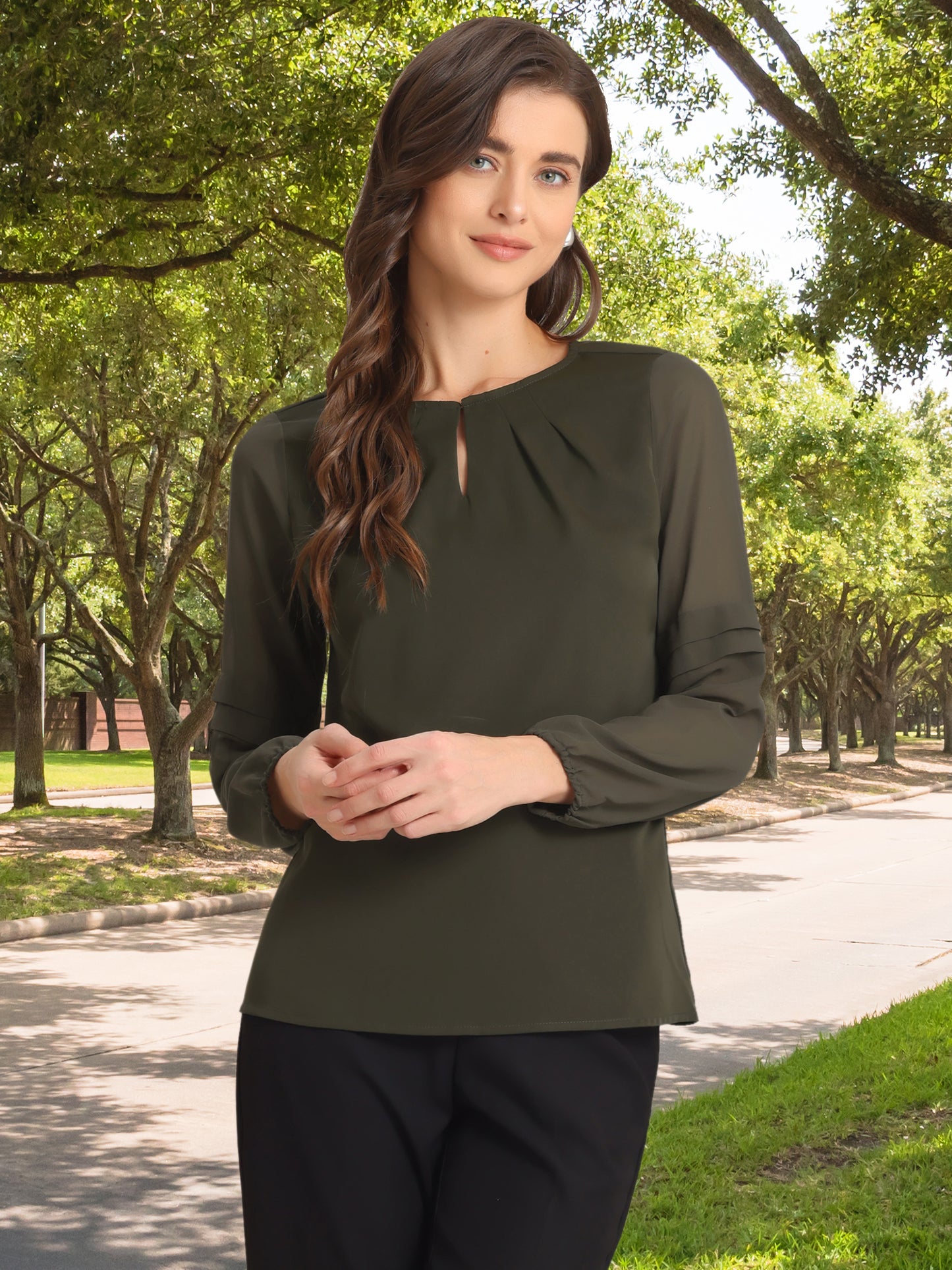 Women's Keyhole Neck Long Sleeve Business Casual Blouse Shirt