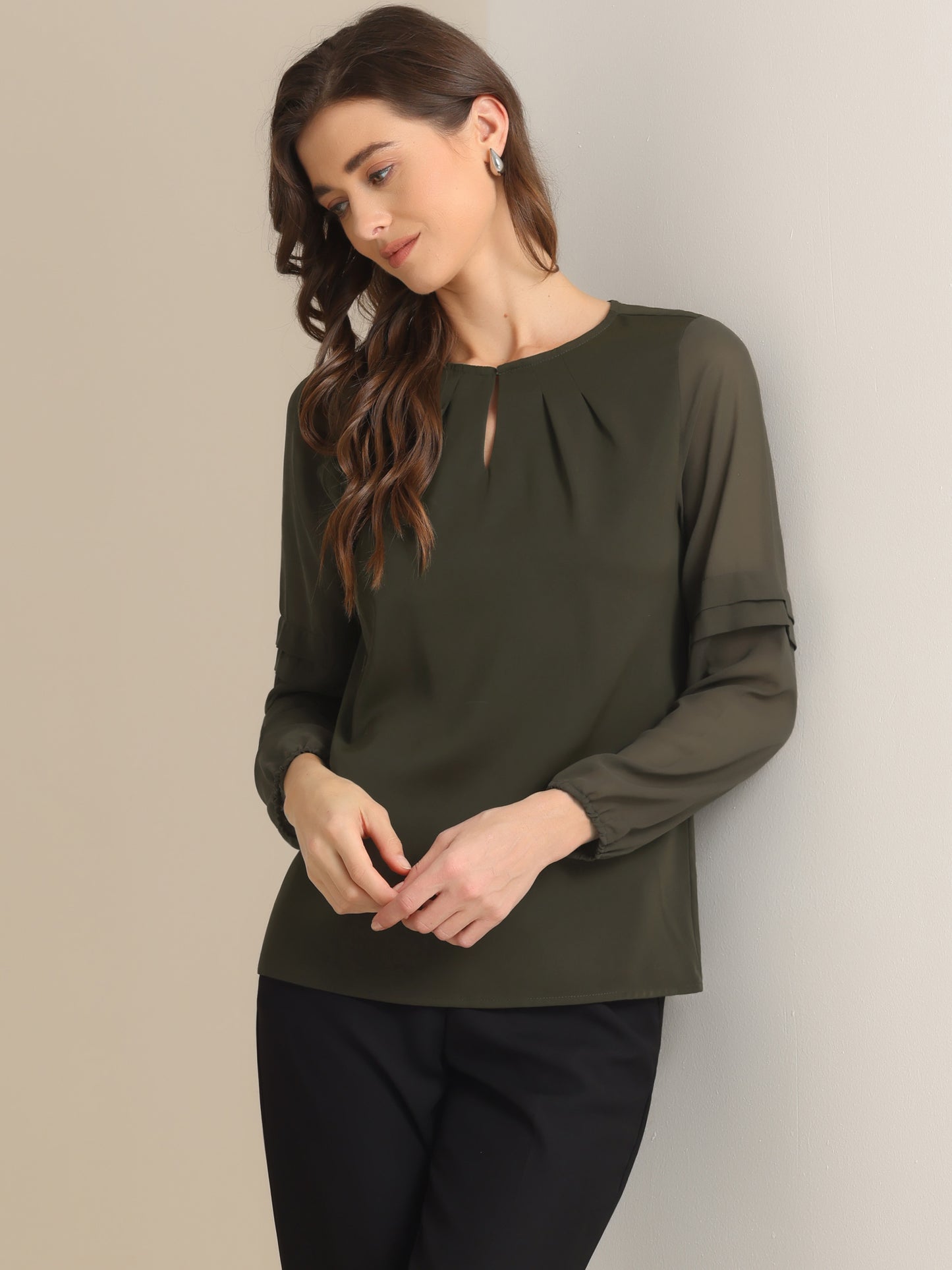 Women's Keyhole Neck Long Sleeve Business Casual Blouse Shirt