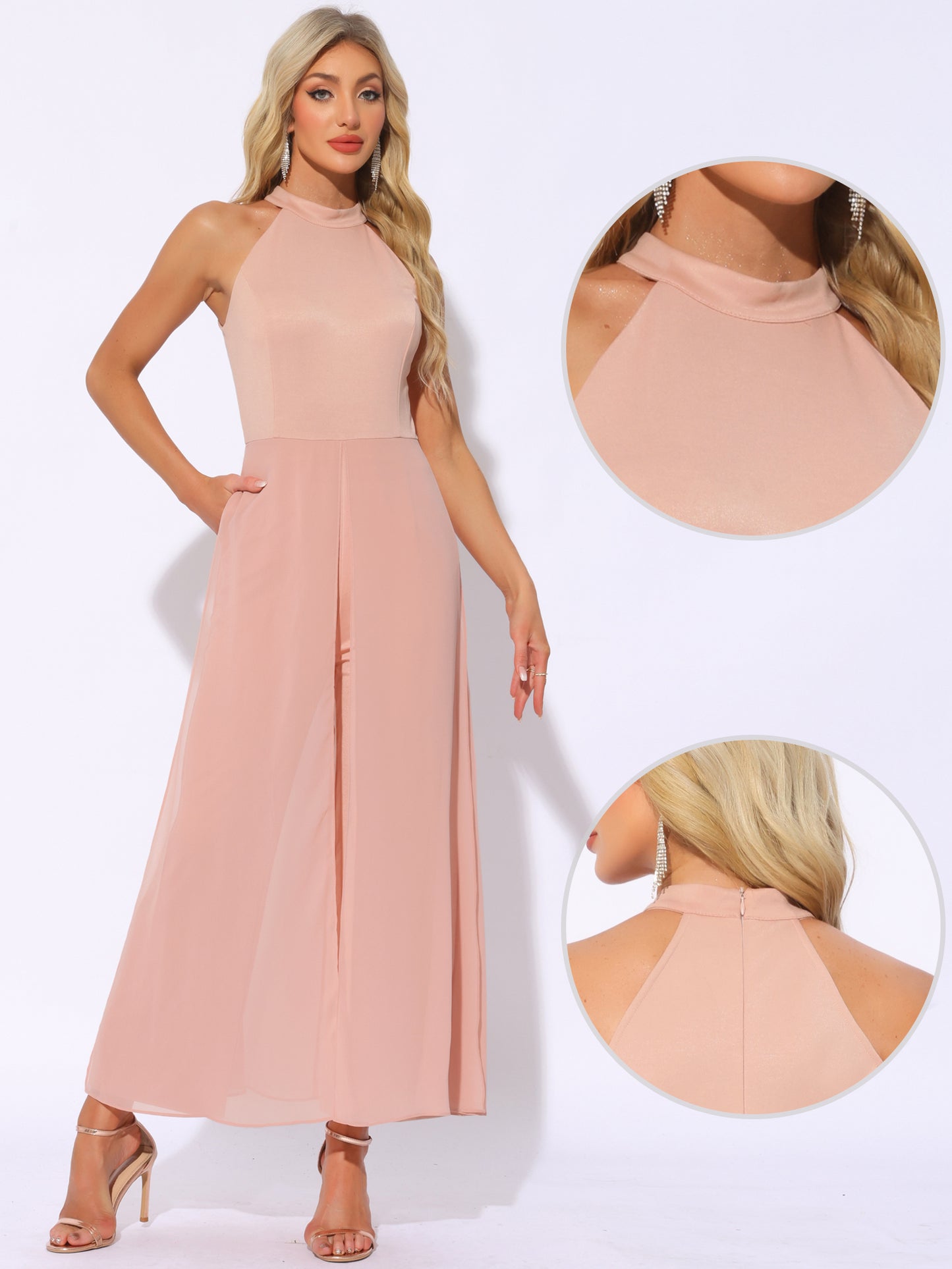 Women's Summer Sleeveless Halter Neck Wedding Chiffon Wide Leg Dressy Elegant Jumpsuit