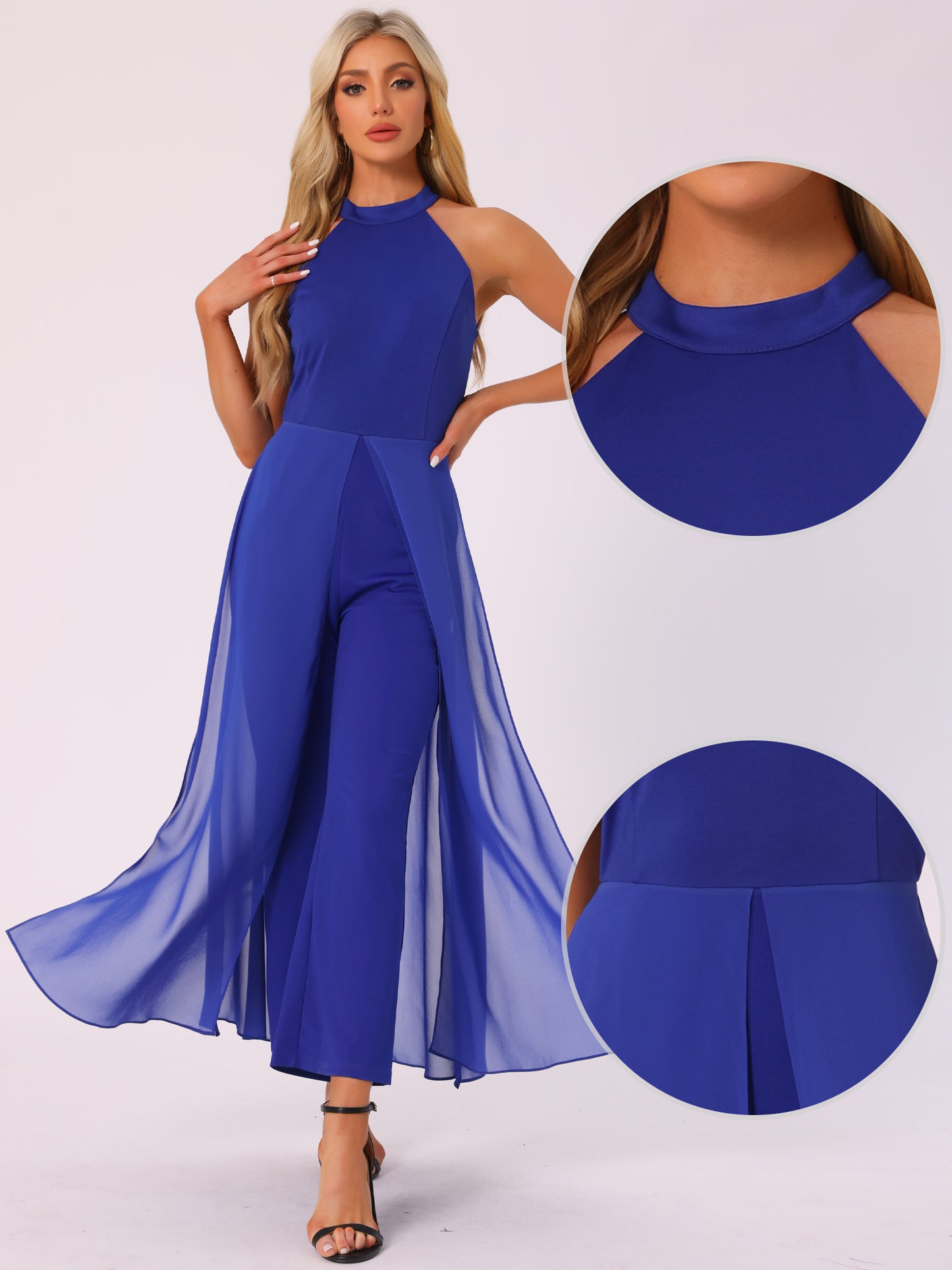 Women's Summer Sleeveless Halter Neck Wedding Chiffon Wide Leg Dressy Elegant Jumpsuit
