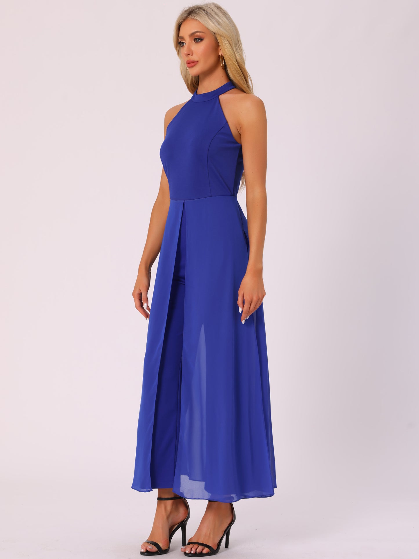Women's Summer Sleeveless Halter Neck Wedding Chiffon Wide Leg Dressy Elegant Jumpsuit