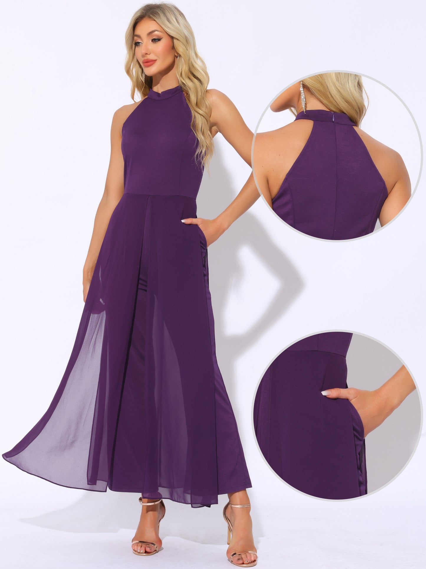 Women's Summer Sleeveless Halter Neck Wedding Chiffon Wide Leg Dressy Elegant Jumpsuit