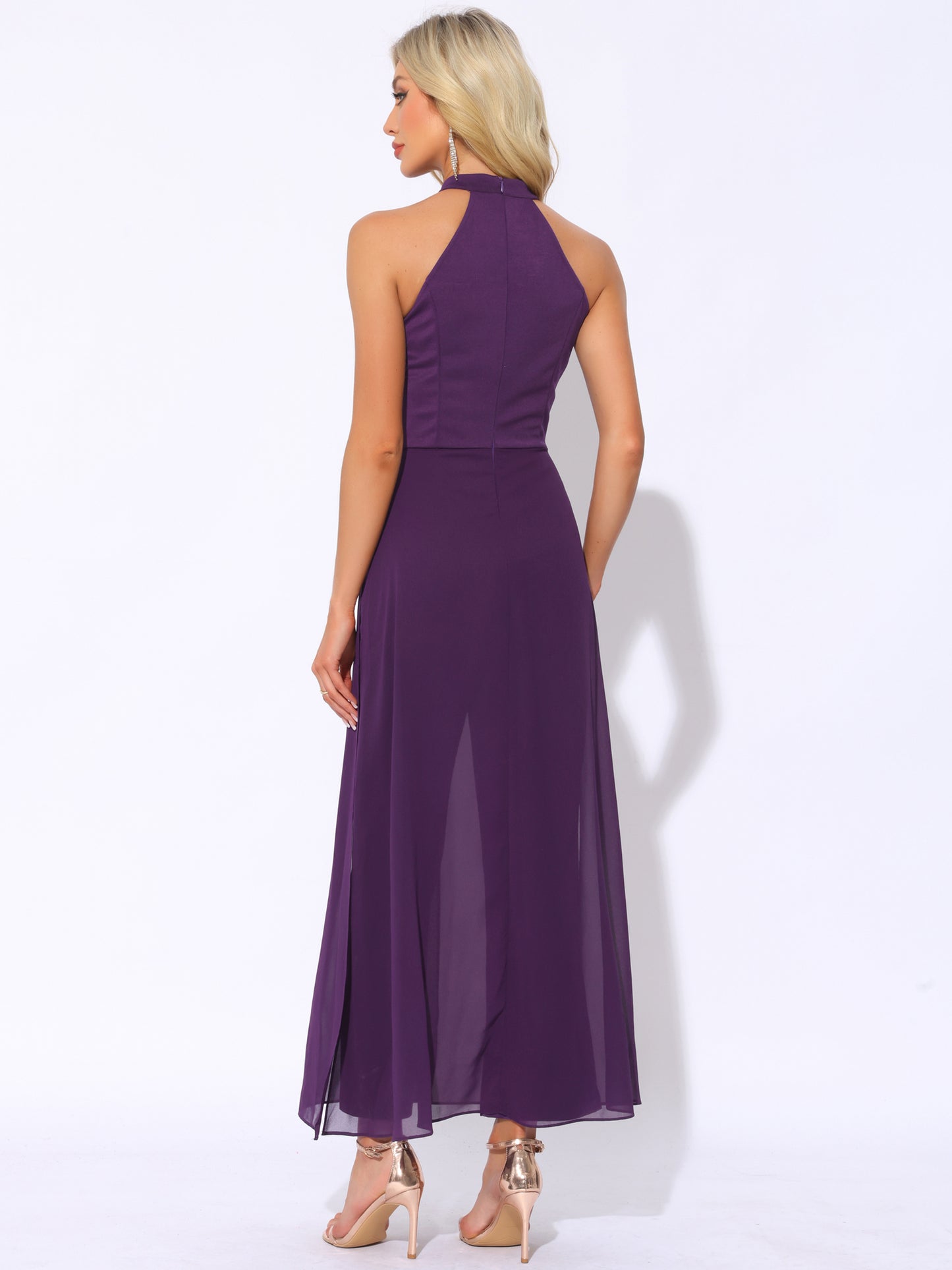 Women's Summer Sleeveless Halter Neck Wedding Chiffon Wide Leg Dressy Elegant Jumpsuit