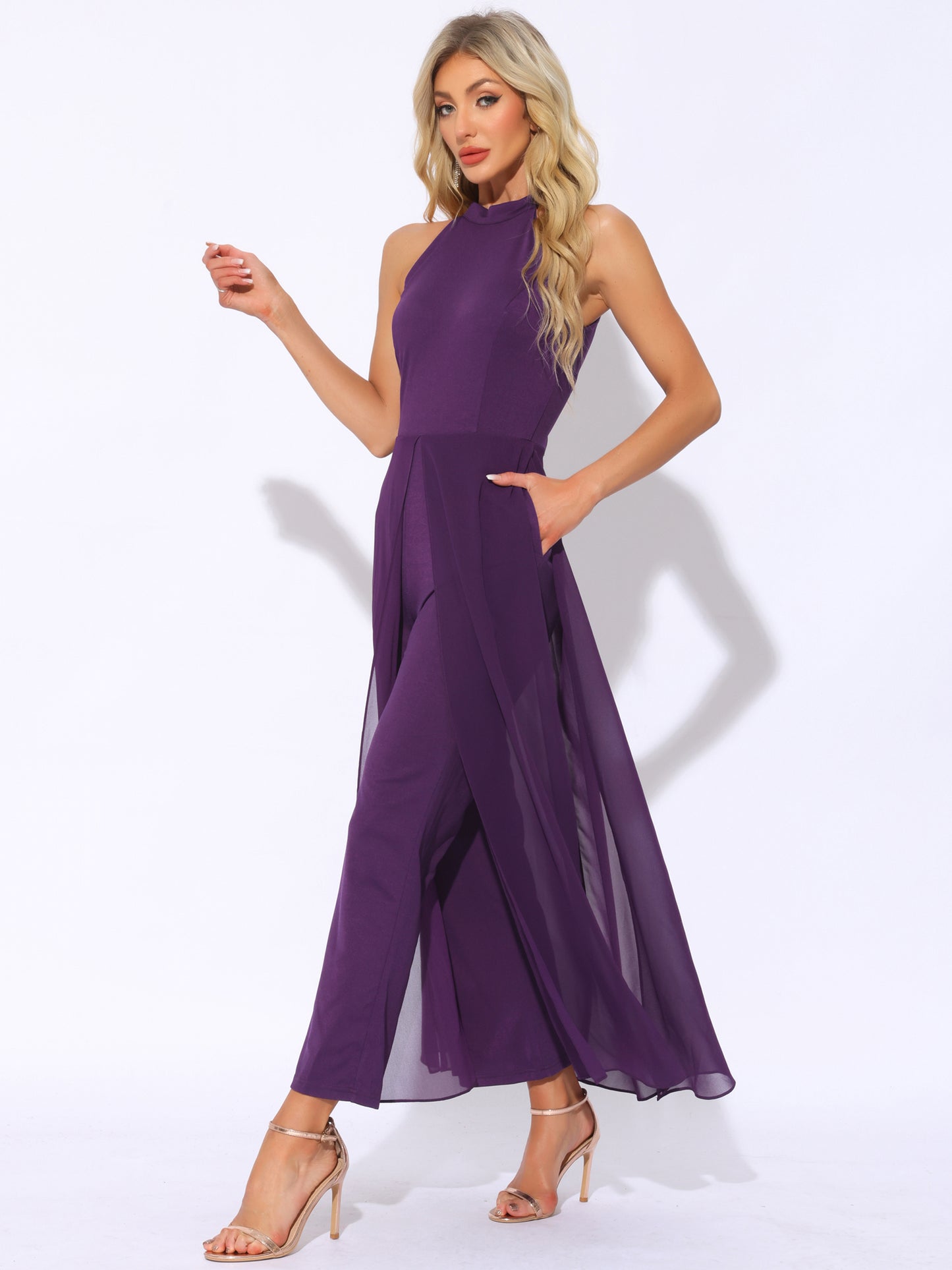 Women's Summer Sleeveless Halter Neck Wedding Chiffon Wide Leg Dressy Elegant Jumpsuit