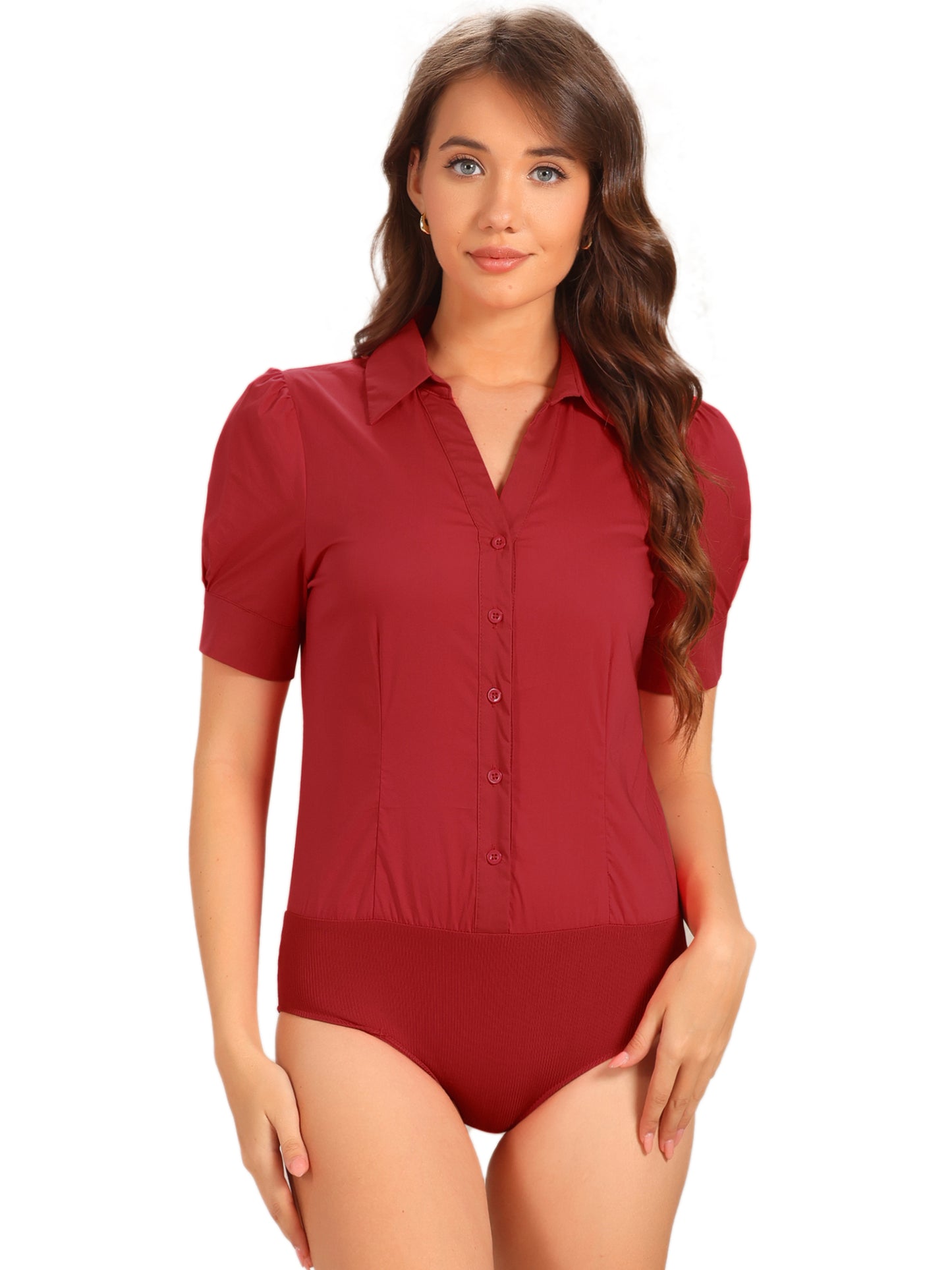 Women's Button Down Leotard Shirt Short Sleeve Collared Business Work Bodysuit Top