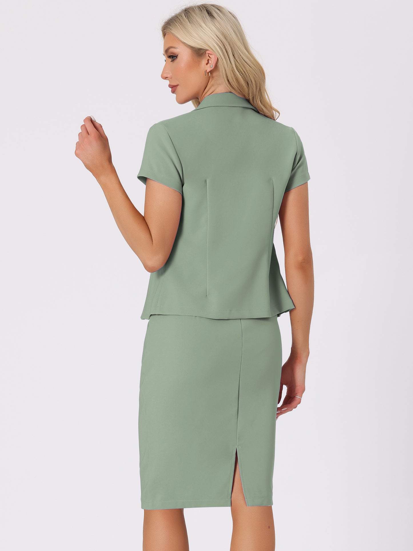 Women's Business Skirt Suit Set Work Office Short Sleeve Blazer Jacket Pencil Skirt