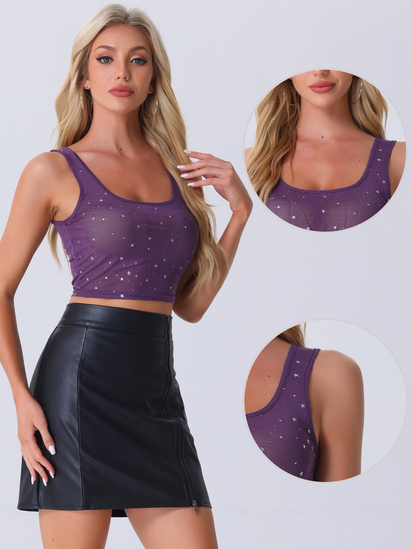Women's Sheer Mesh Top Party Club Sleeveless Scoop Neck Glitter Star Crop Top