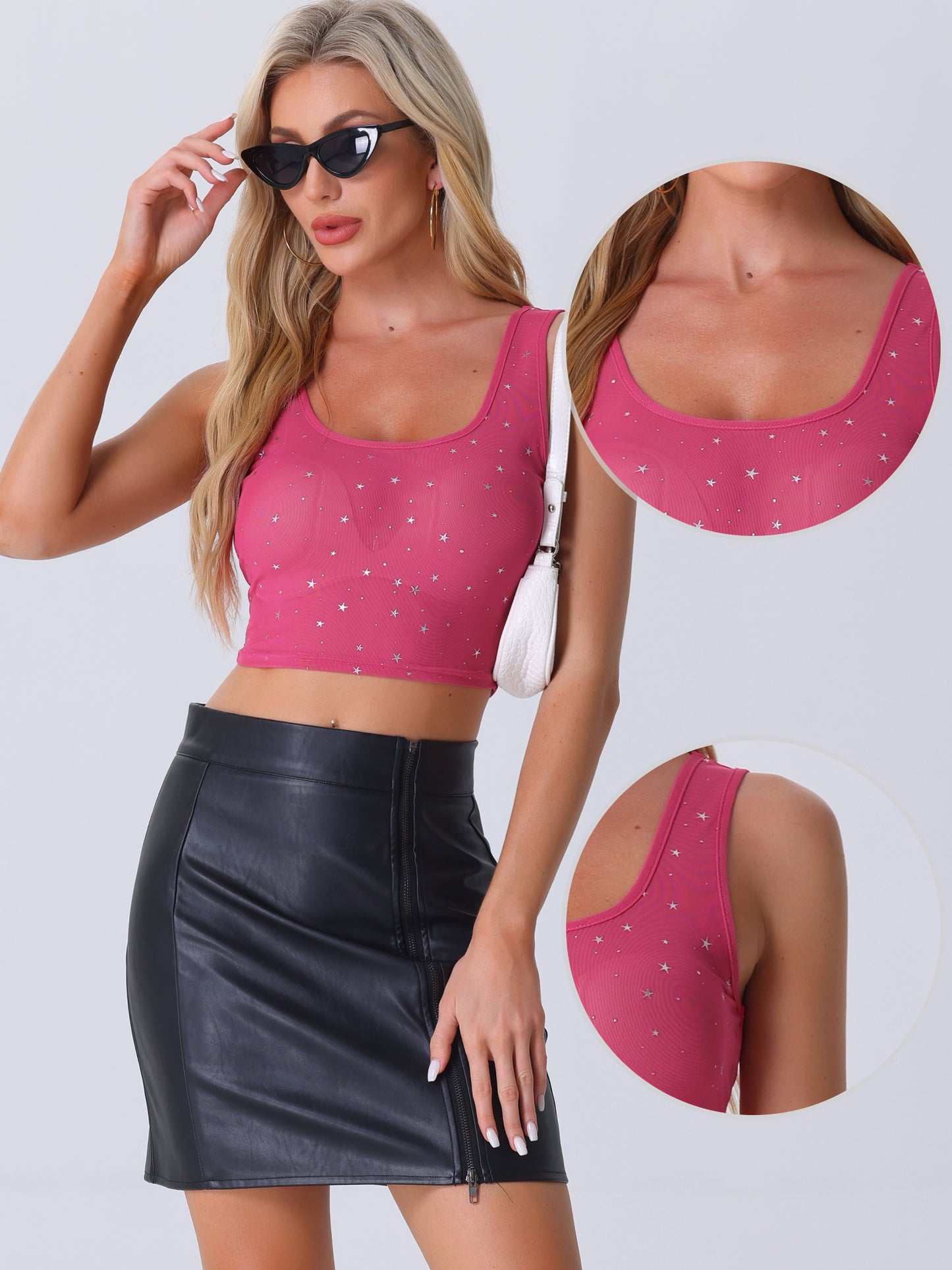 Women's Sheer Mesh Top Party Club Sleeveless Scoop Neck Glitter Star Crop Top