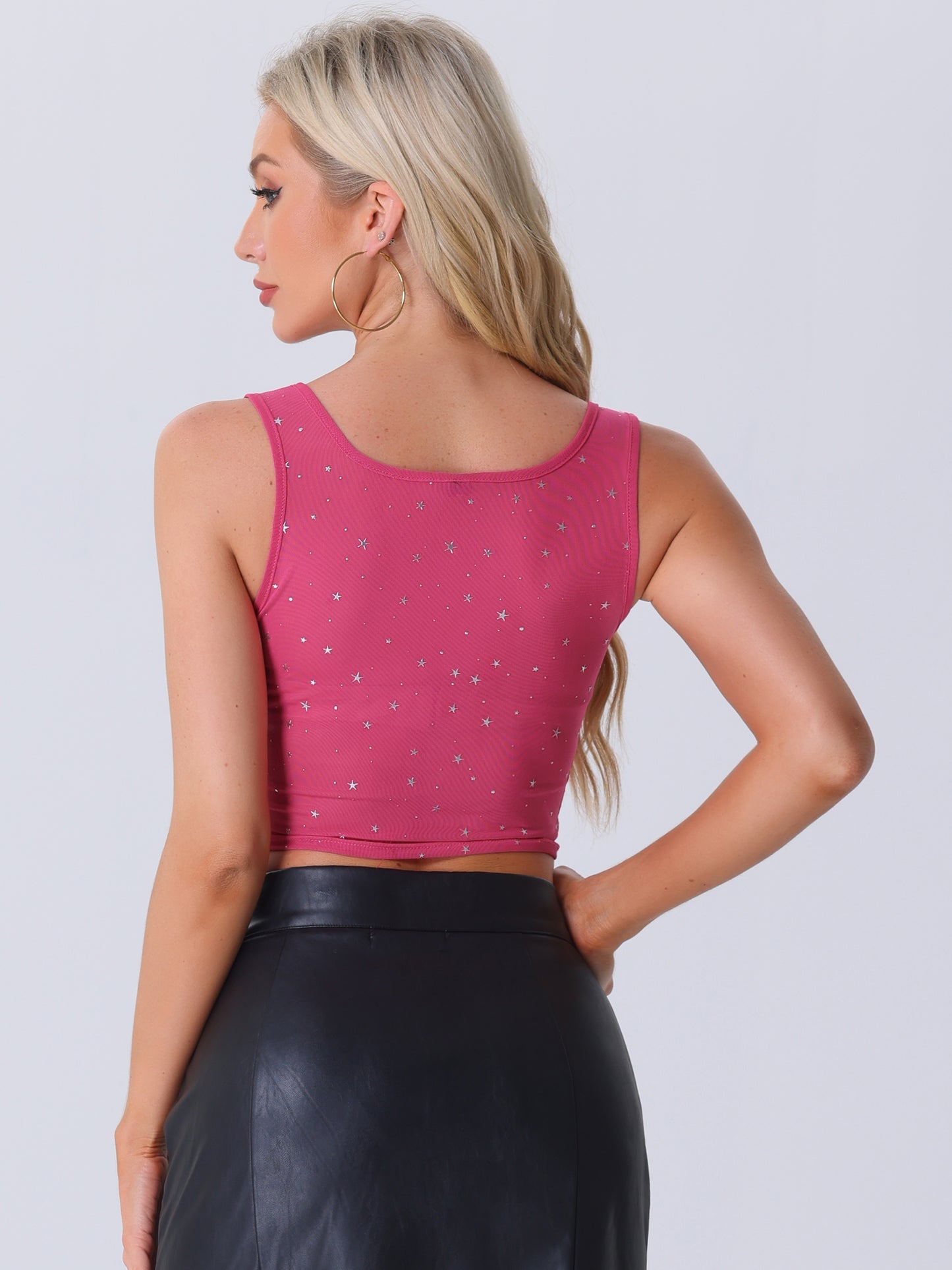 Women's Sheer Mesh Top Party Club Sleeveless Scoop Neck Glitter Star Crop Top