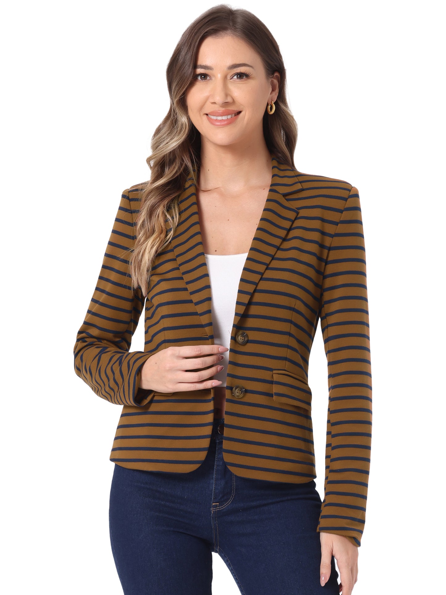 Women's Business Casual Notched Lapel Pocket Button Closure Striped Blazer (Available in Plus Size)