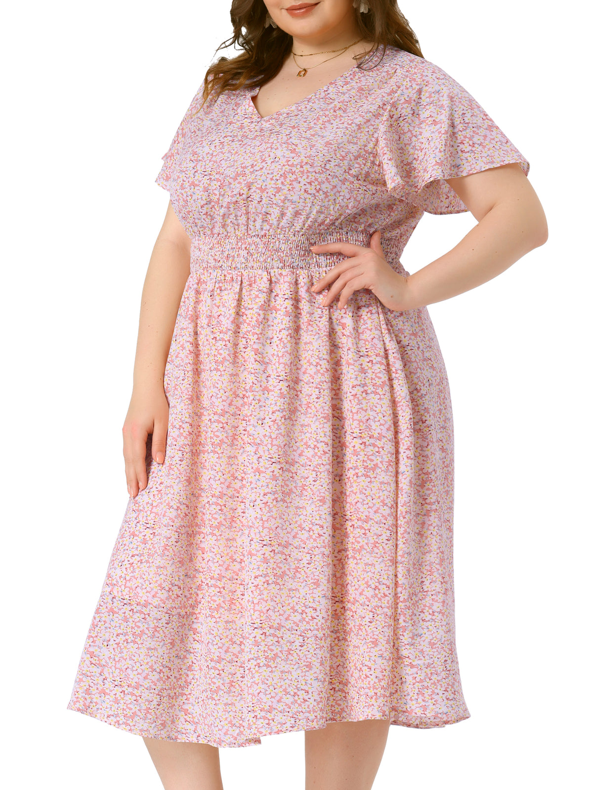 Women's Plus Size Summer Floral Print V Neck Smocked A-Line Flowy Midi Dress