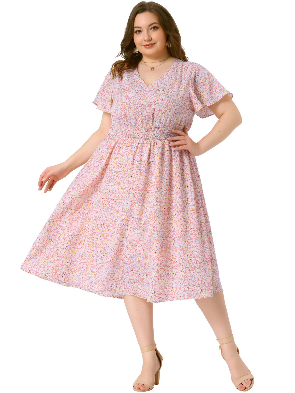 Women's Plus Size Summer Floral Print V Neck Smocked A-Line Flowy Midi Dress