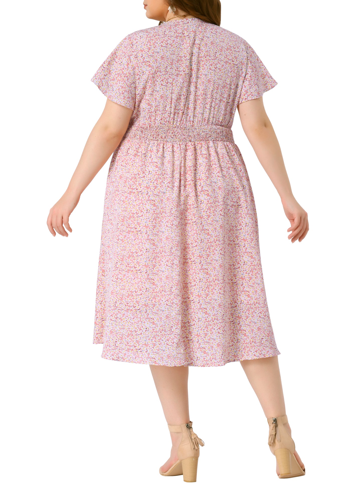 Women's Plus Size Summer Dress Floral Print V Neck Smocked A-Line Flowy Midi Dress
