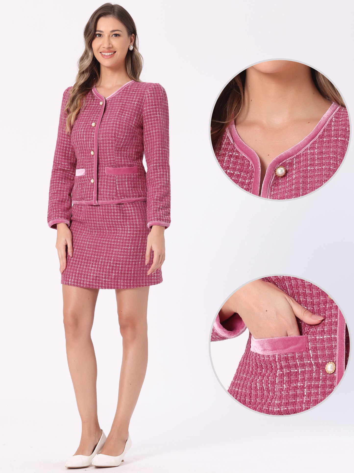 Women's 2 Piece Plaid Tweed Short Blazer Jacket and Skirt Business Suit Set