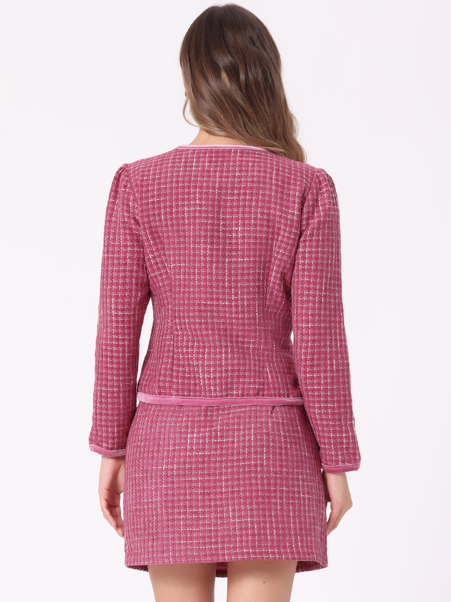 Women's 2 Piece Plaid Tweed Short Blazer Jacket and Skirt Business Suit Set