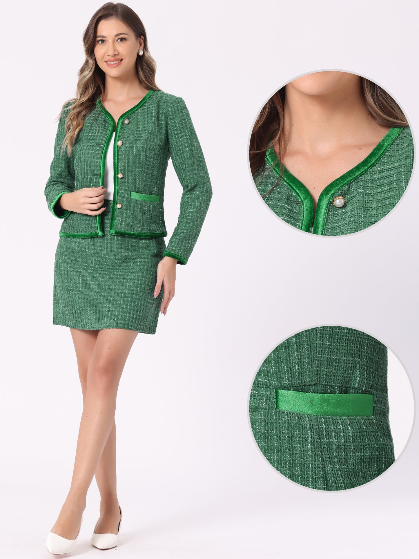 Women's 2 Piece Plaid Tweed Short Blazer Jacket and Skirt Business Suit Set
