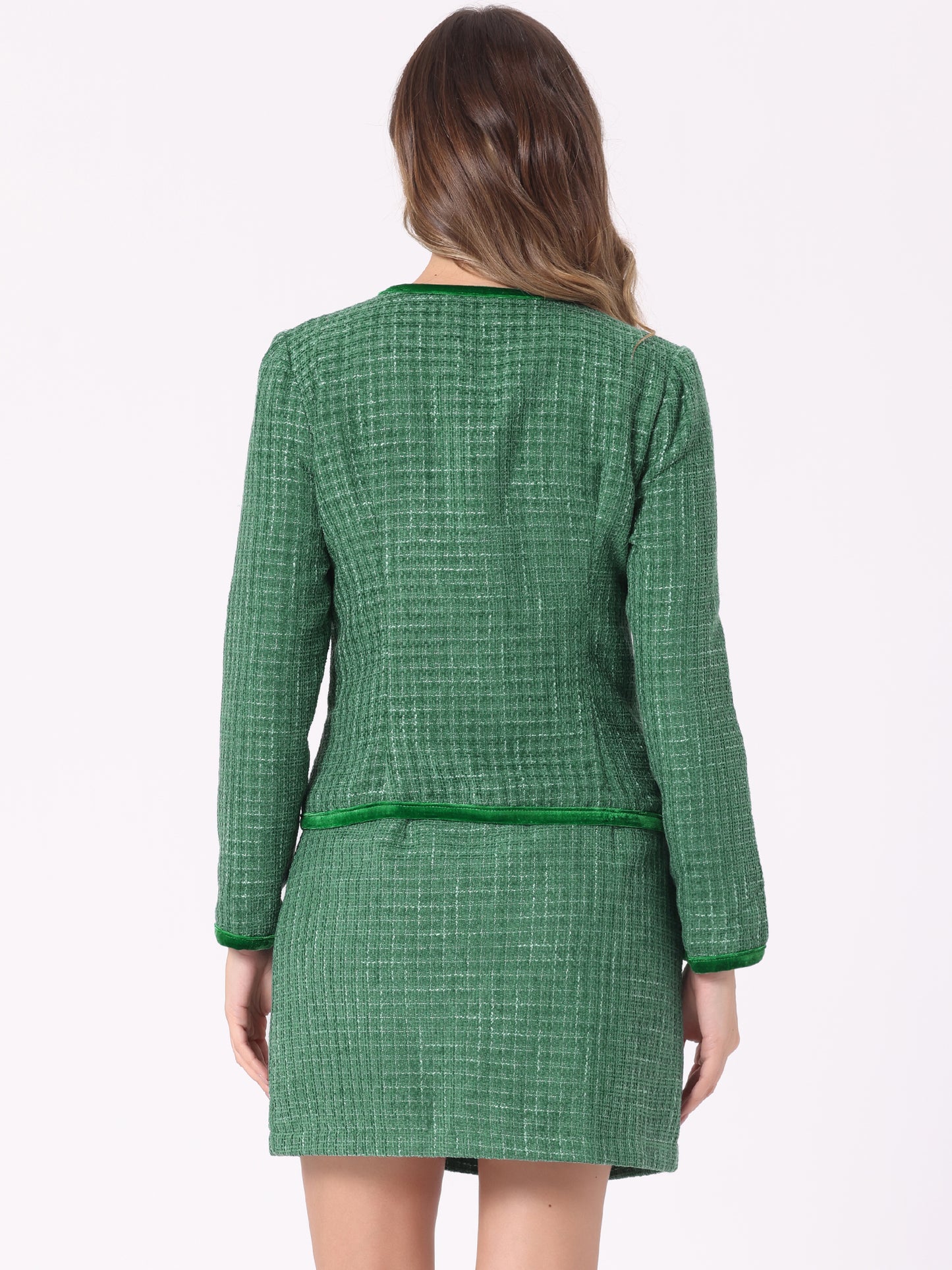 Women's 2 Piece Plaid Tweed Short Blazer Jacket and Skirt Business Suit Set