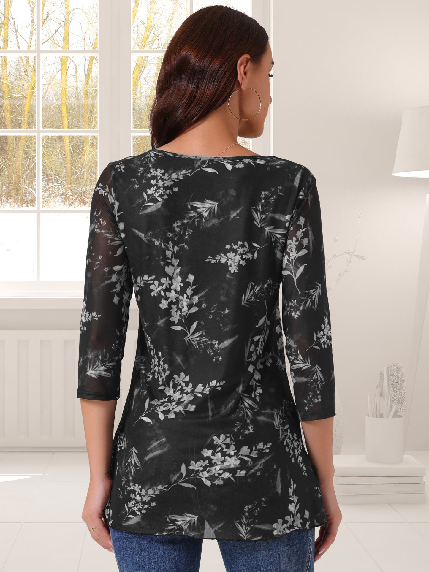 Women's 3/4 Sleeve Floral Blouse V Neck Layer Dressy Tops Double Layered Mesh Top