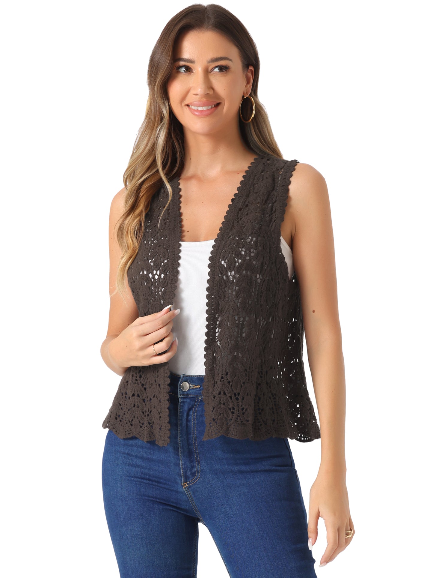 Women's Floral Crochet Hollow Out Sleeveless Open Front Boho Vest Cardigan