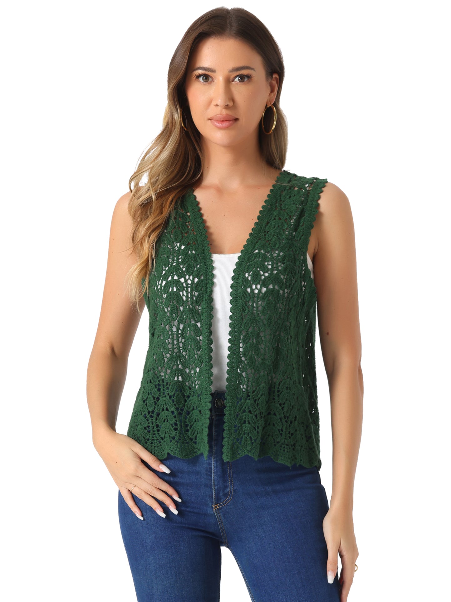 Women's Floral Crochet Hollow Out Sleeveless Open Front Boho Vest Cardigan