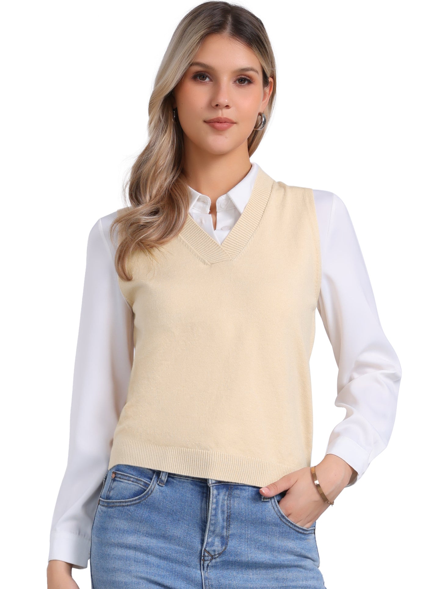Women's V Neck Sweater Vest Knit Pullover Sleeveless Sweater Top