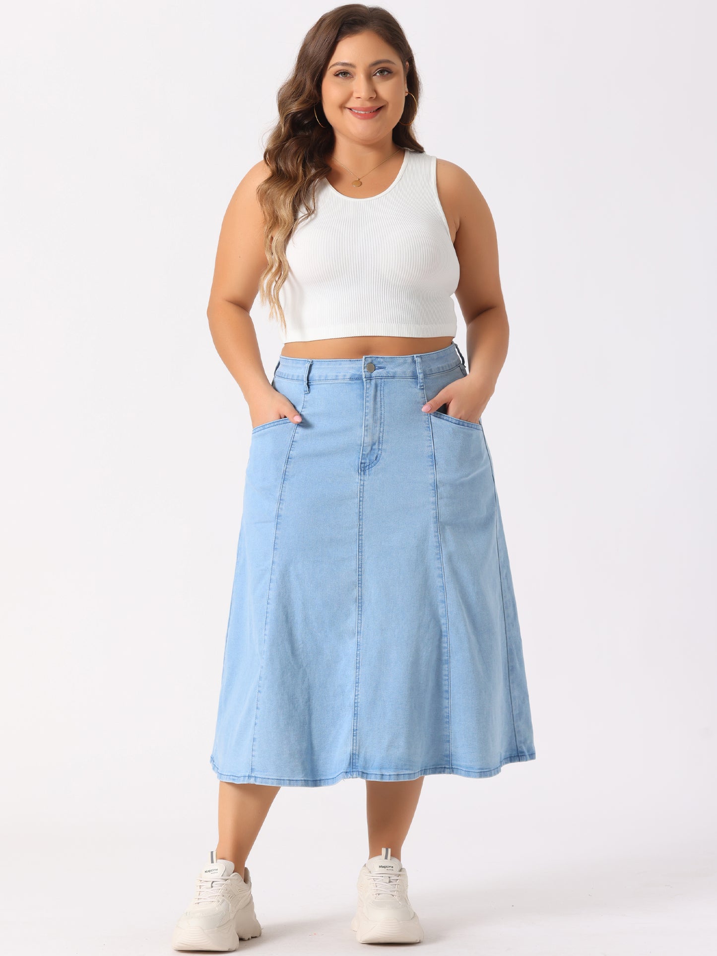 Women's Plus Size Denim Skirts Vintage High Waist with Pockets A-Line Midi Jean Skirt