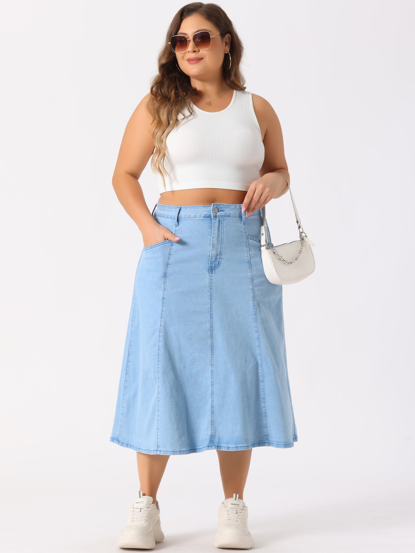 Women's Plus Size Denim Skirts Vintage High Waist with Pockets A-Line Midi Jean Skirt